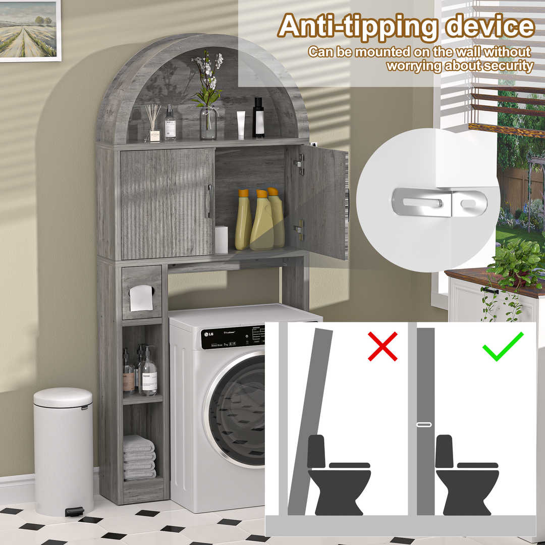 Over The Toilet Storage Cabinet with Wood Grain Doors and Arc Design