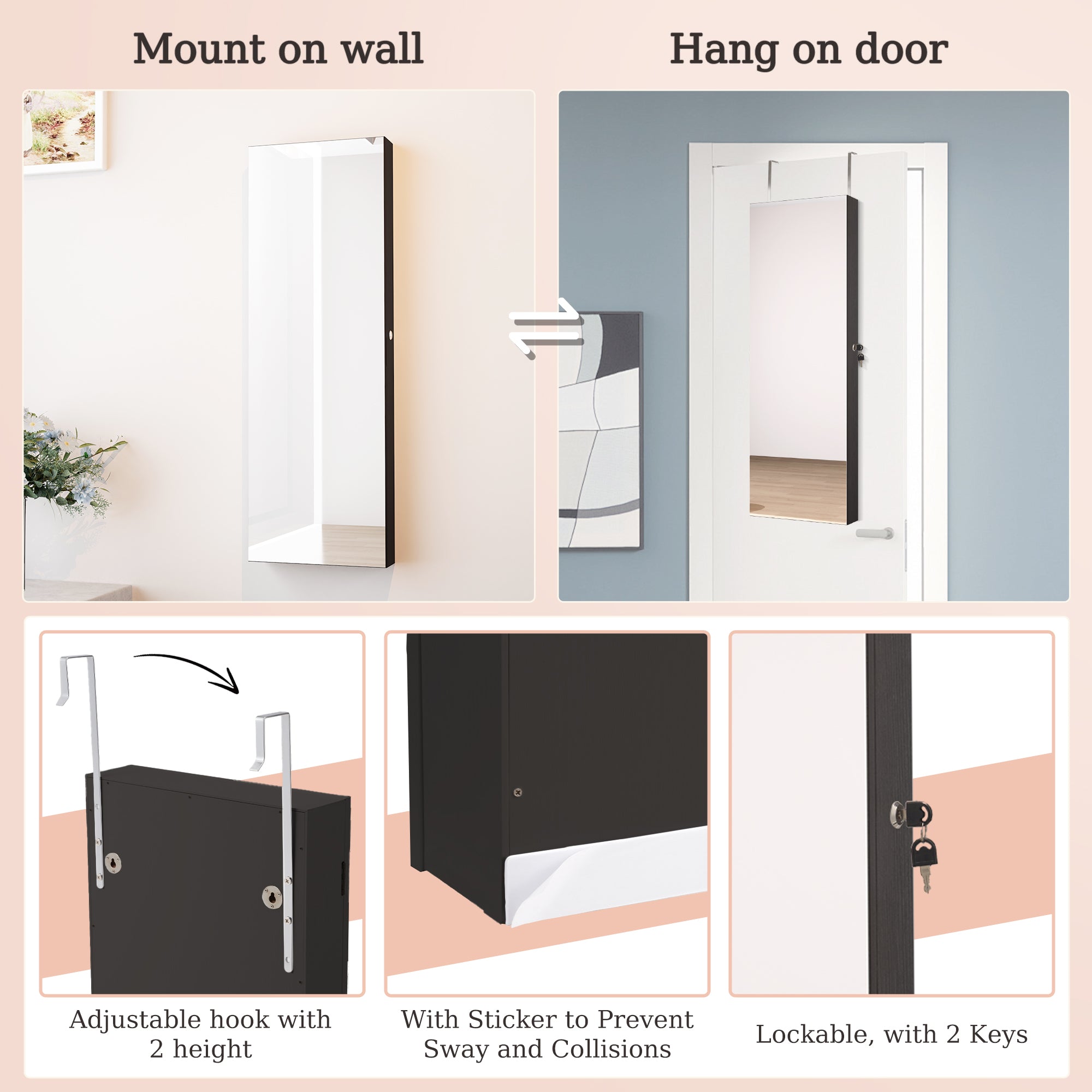 Mirror Jewelry Cabinet,Lockable Wall or Door Mounted Jewelry Armoire Organizer 14.4"x3.15"x 43.1"