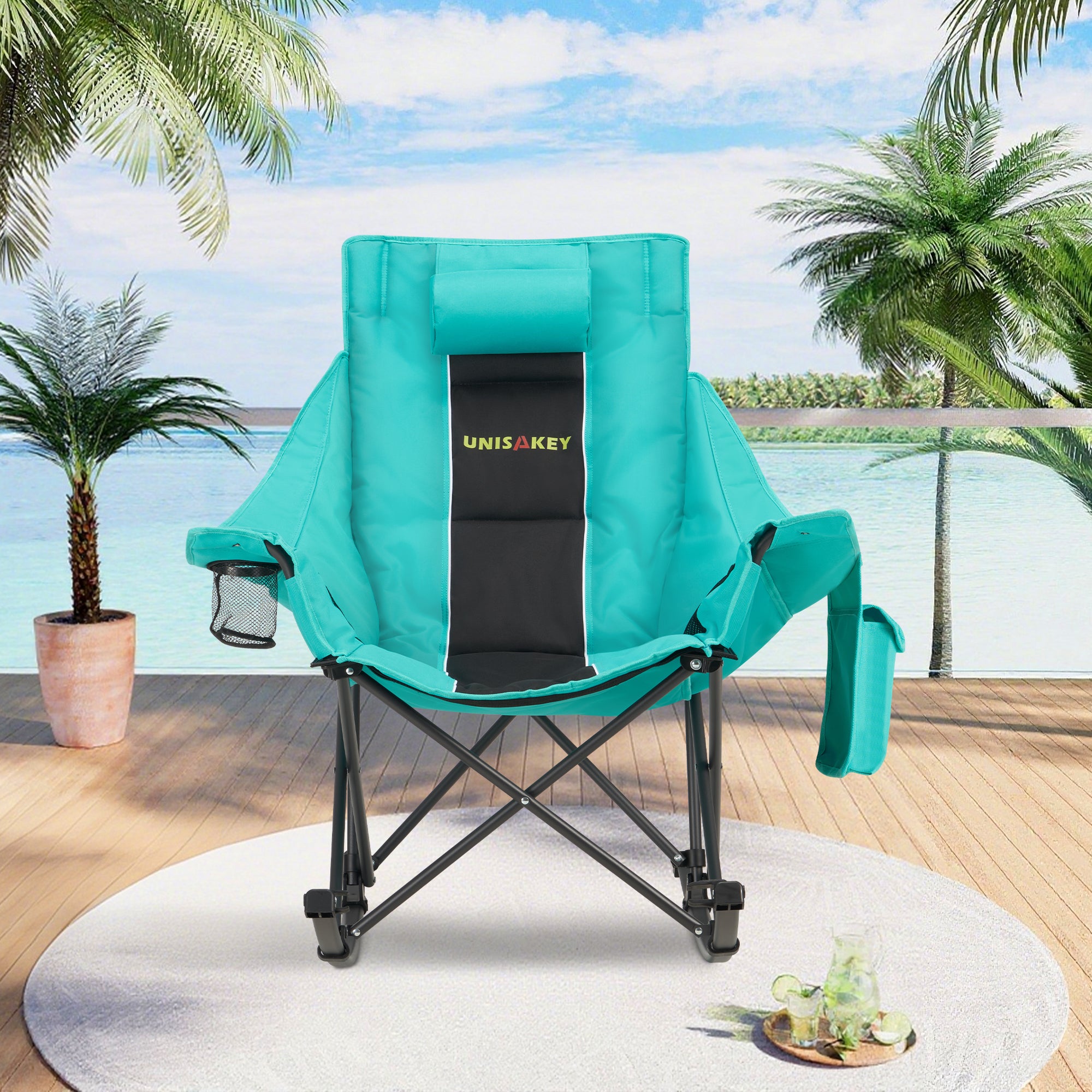Oversized Rocking Camping Chair with Headrest & Cup Holder - 400lbs Capacity, 600D Oxford Fabric