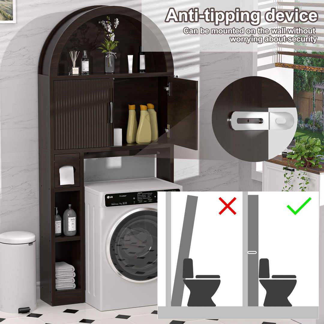 Over The Toilet Storage Cabinet with Wood Grain Doors and Arc Design