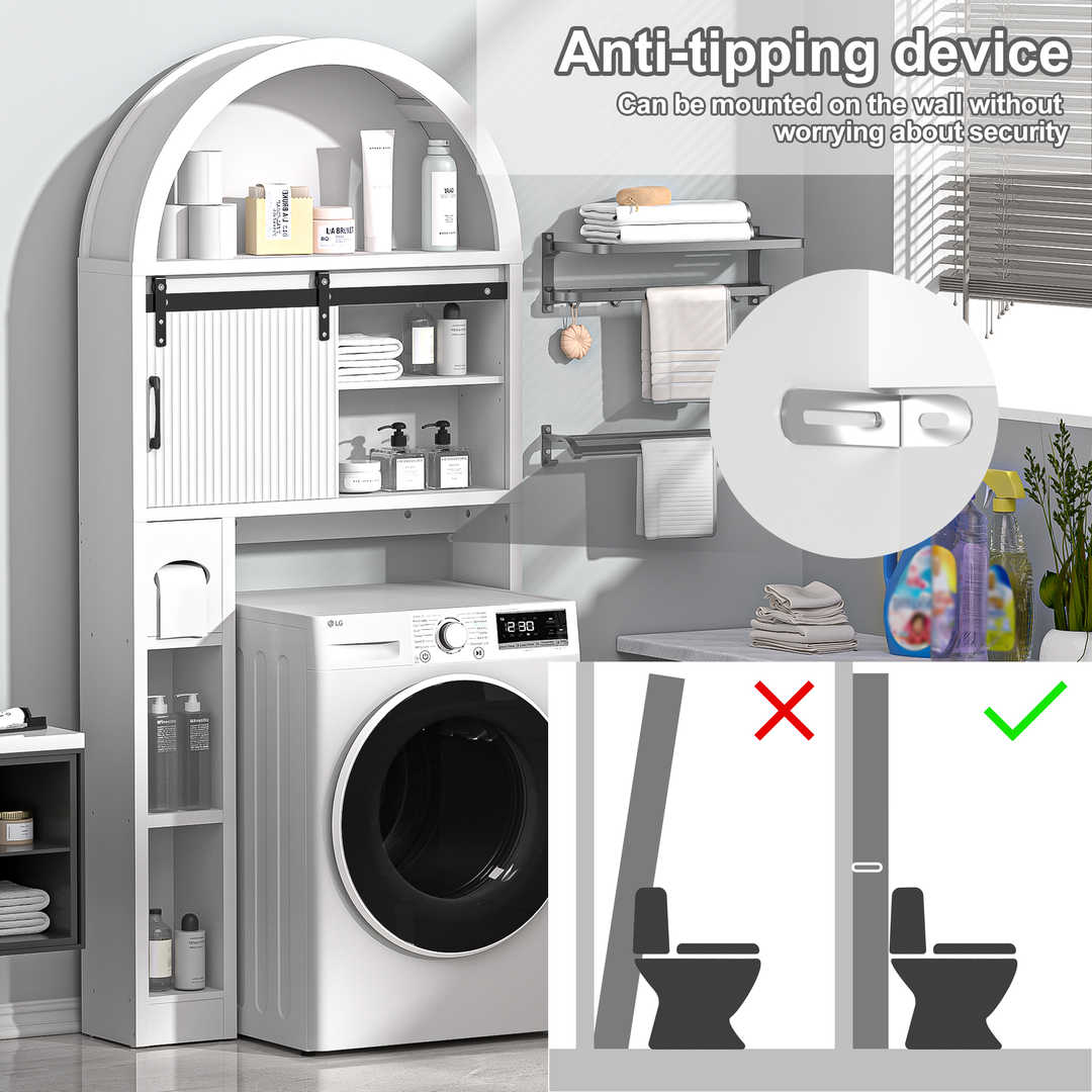 Over The Toilet Storage Cabinet with Wood Grain Doors and Arc Design