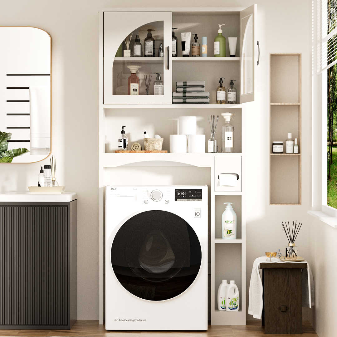 Over The Toilet Storage Cabinet with Wood Grain Doors and Arc Design
