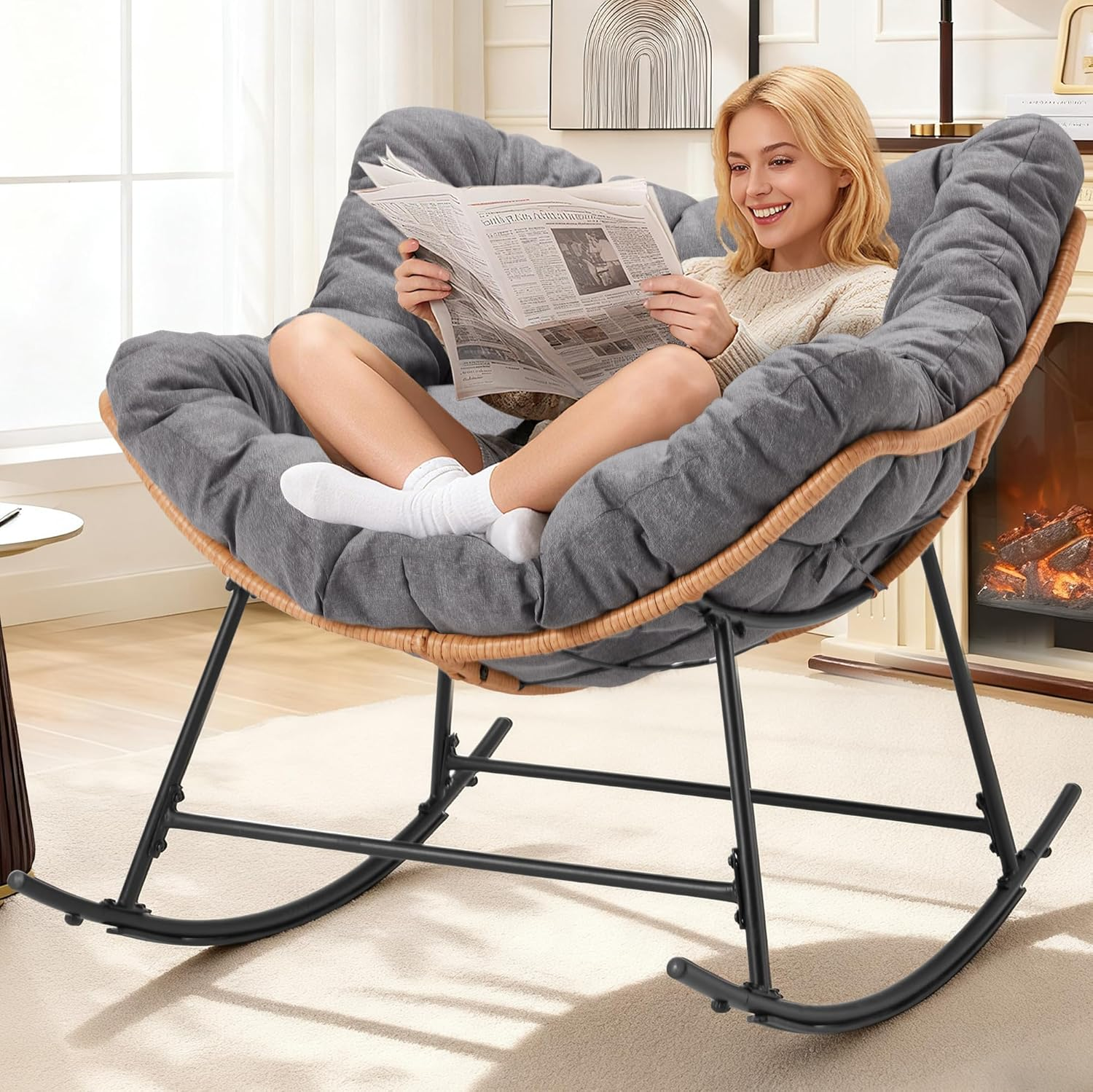 Oversized Indoor Rocking Chair with Thick Cushion, Cozy Egg-Shaped Wicker for Bedroom, Living room, Patio, Courtyard