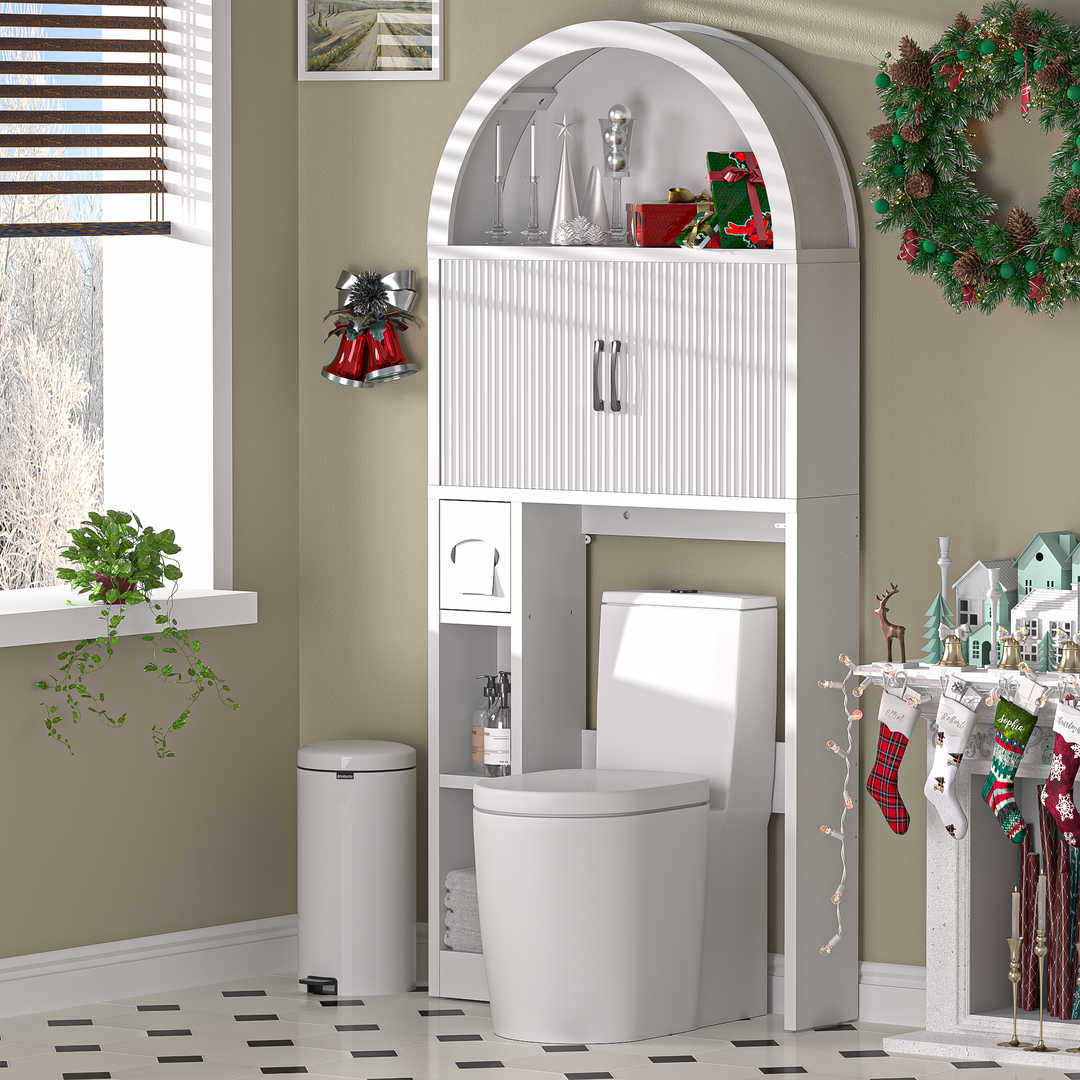 Over The Toilet Storage Cabinet with Wood Grain Doors and Arc Design