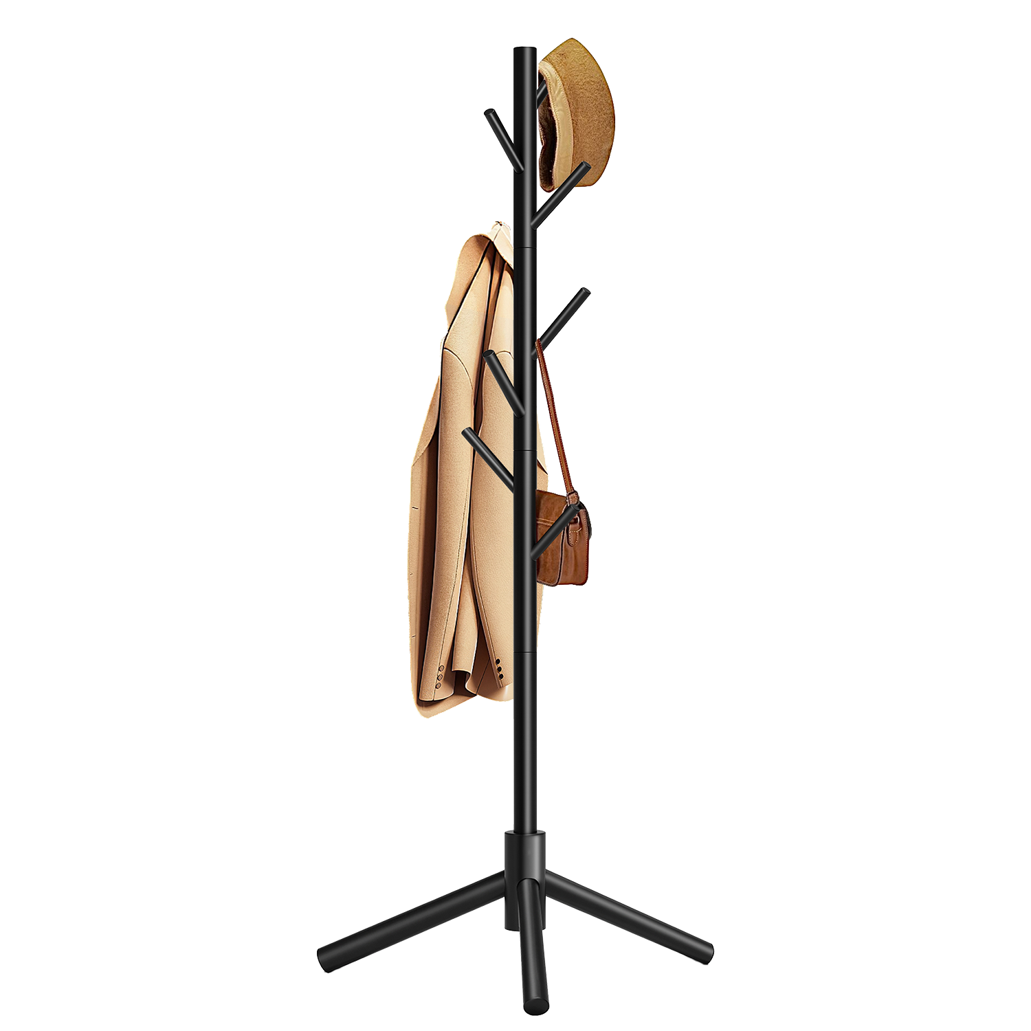 Freestanding Wooden Coat Rack with 8 Hooks, 2 Adjustable Height