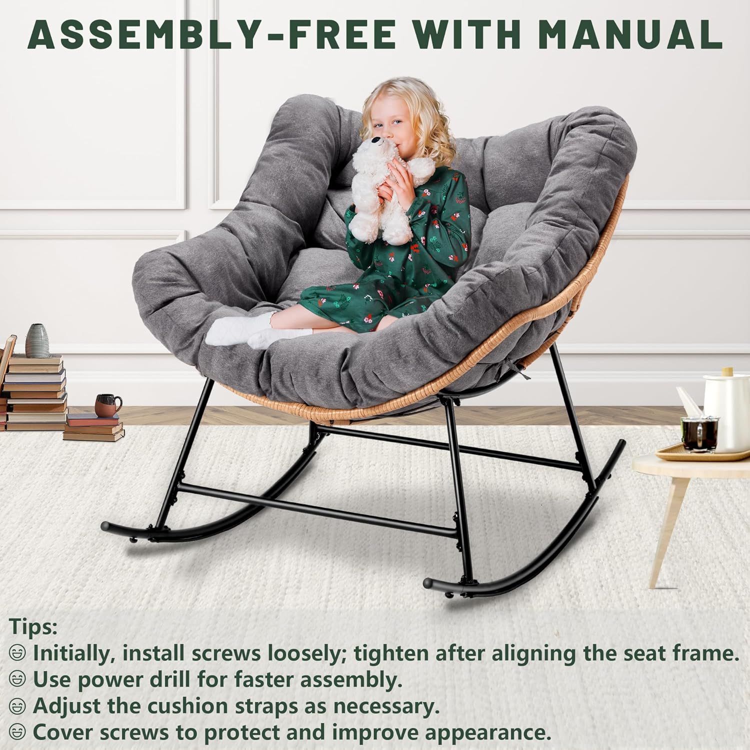 Oversized Indoor Rocking Chair with Thick Cushion, Cozy Egg-Shaped Wicker for Bedroom, Living room, Patio, Courtyard