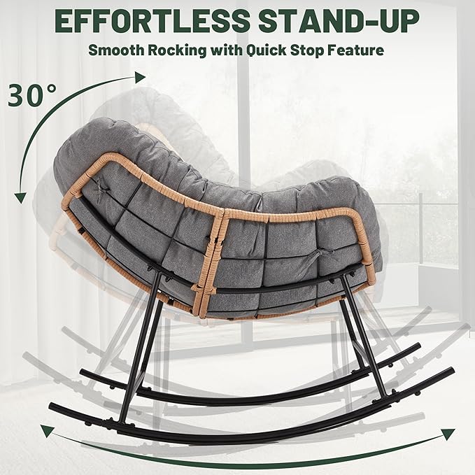 Oversized Indoor Rocking Chair with Thick Cushion, Cozy Egg-Shaped Wicker for Bedroom, Living room, Patio, Courtyard