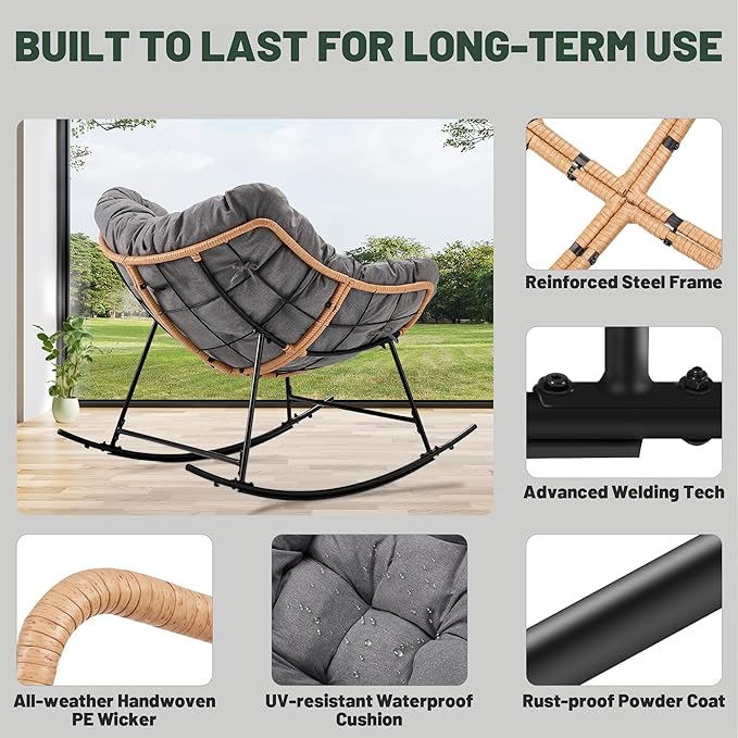 Oversized Indoor Rocking Chair with Thick Cushion, Cozy Egg-Shaped Wicker for Bedroom, Living room, Patio, Courtyard