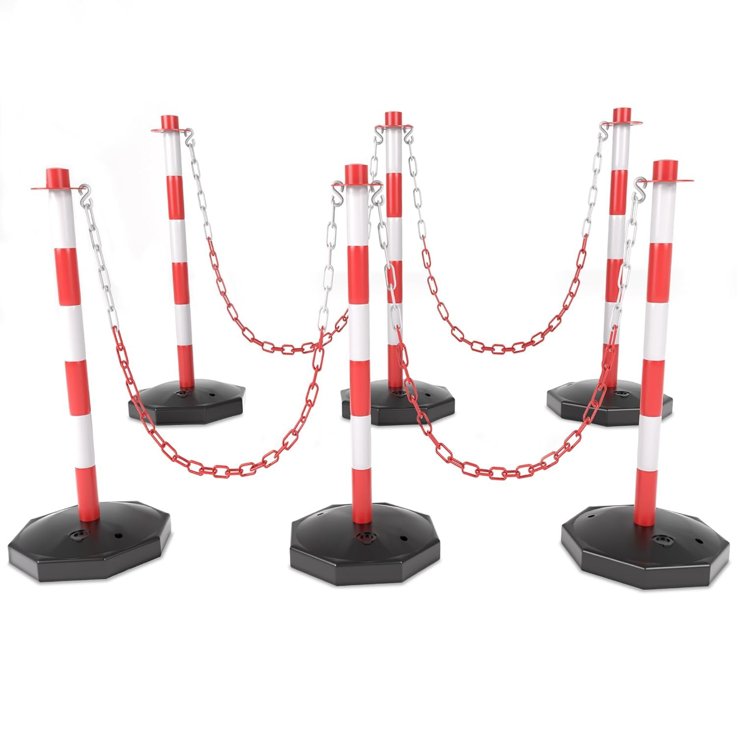 6 Pack Traffic Barricade Delineator Post with Fillable Base, Crowd Control Barriers, Cones for Parking Lot, Adjustable Stanchions with 5.4FT Plastic Chain Outdoor and Indoor