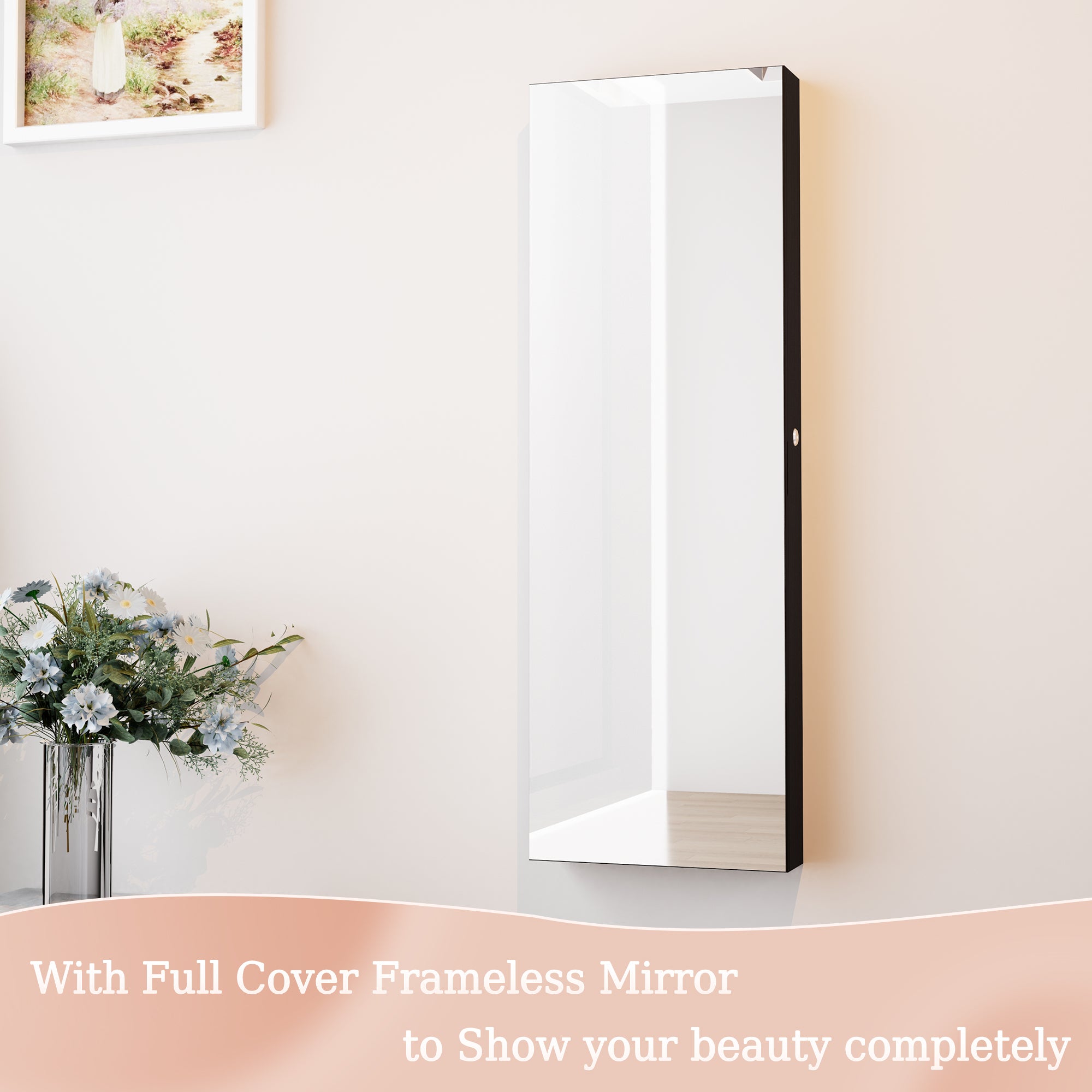 Mirror Jewelry Cabinet,Lockable Wall or Door Mounted Jewelry Armoire Organizer 14.4"x3.15"x 43.1"