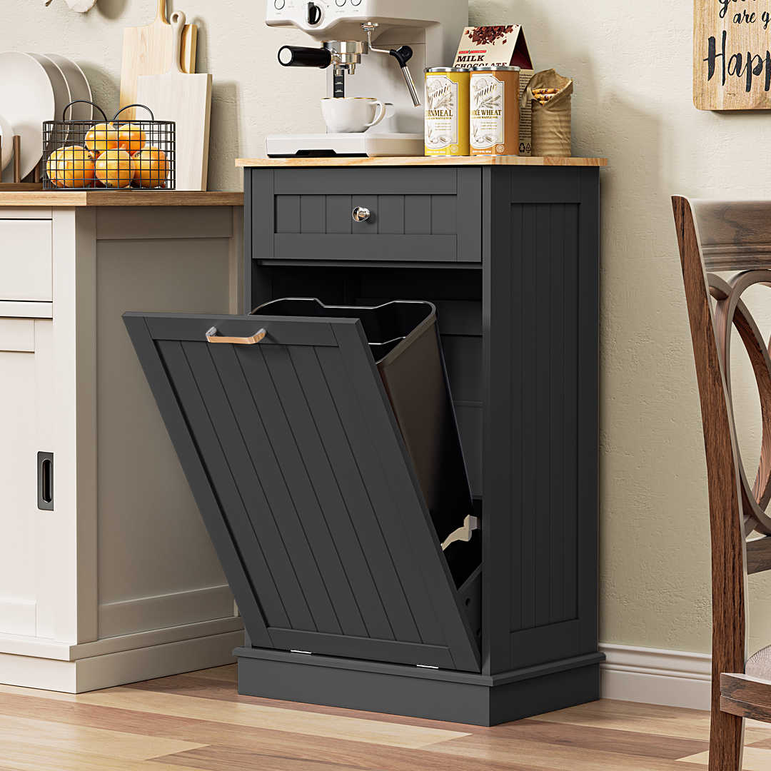 Single Tilt Out Trash Cabinet for 13 Gallon Waste Bin, Free Standing Kitchen Trash Can Cabinet with Drawers