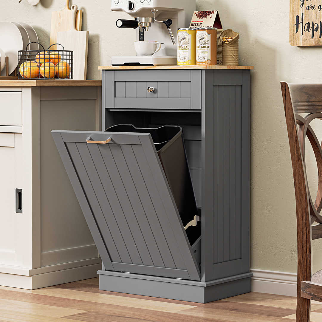 Single Tilt Out Trash Cabinet for 13 Gallon Waste Bin, Free Standing Kitchen Trash Can Cabinet with Drawers