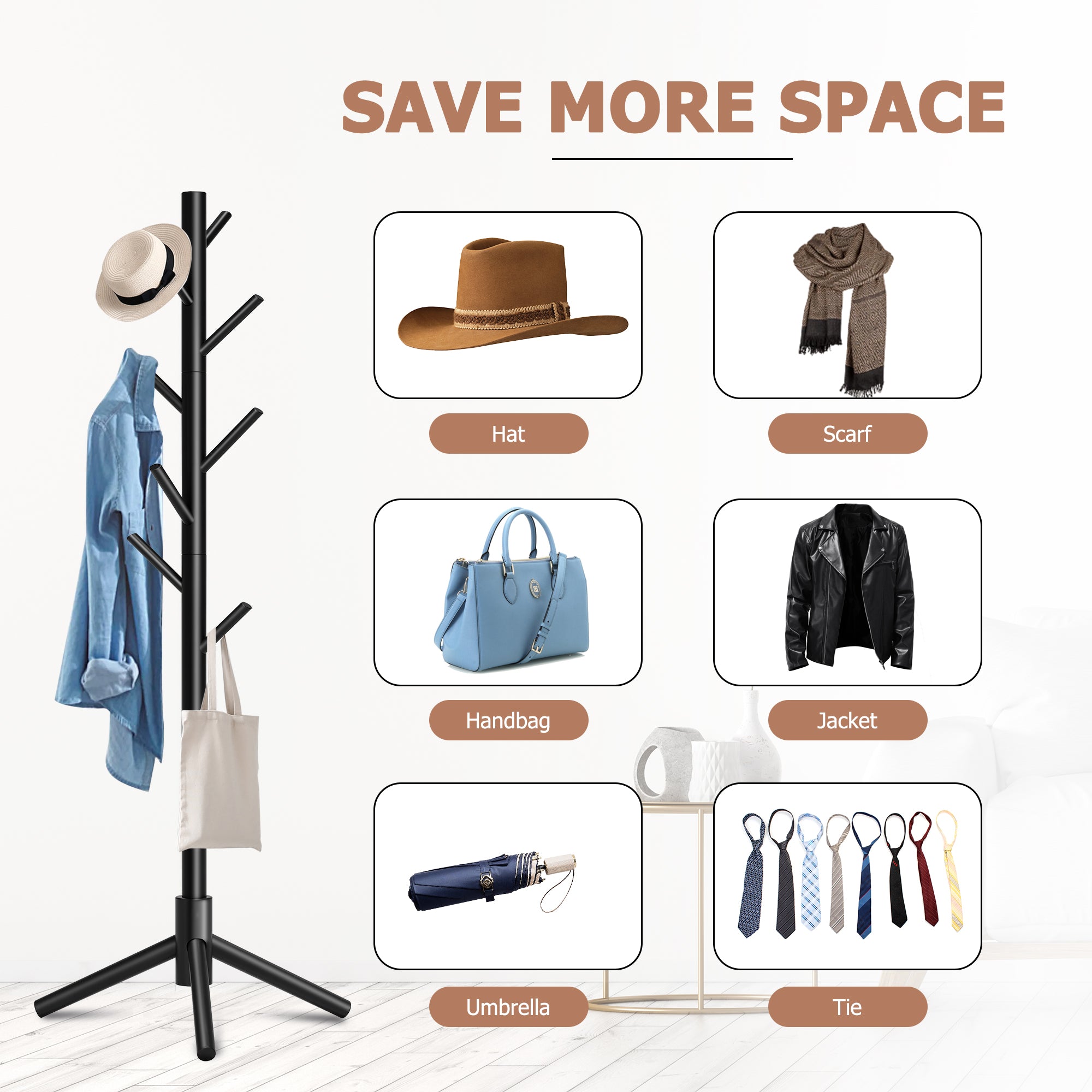 Durable Wooden Coat Rack, Freestanding Coat Rack, 8 Hooks & 3 Adjustable Heights