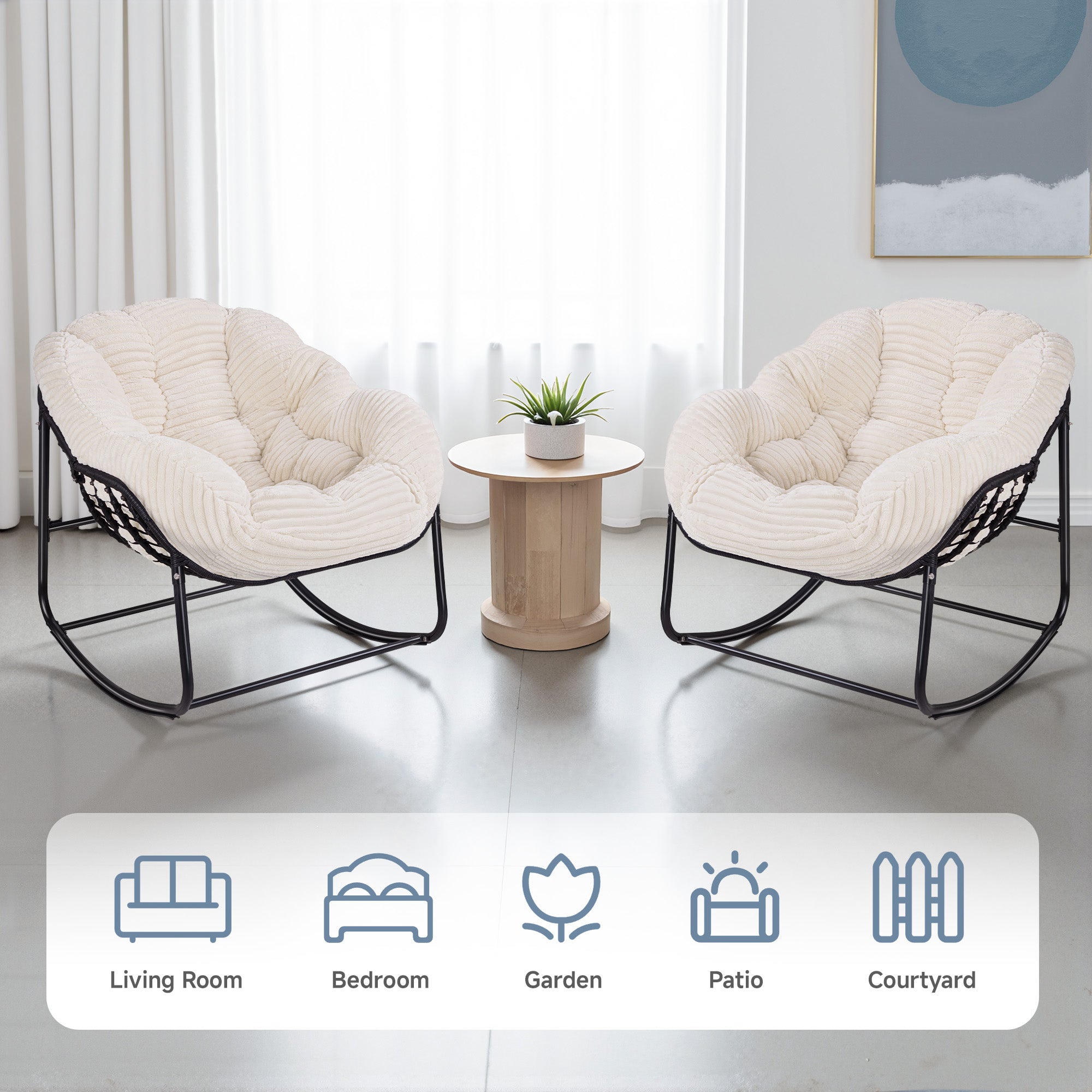 Oversized Indoor/Outdoor Egg Rocking Chair with Thick Corduroy Cushion, Straps & Modern Wicker Design