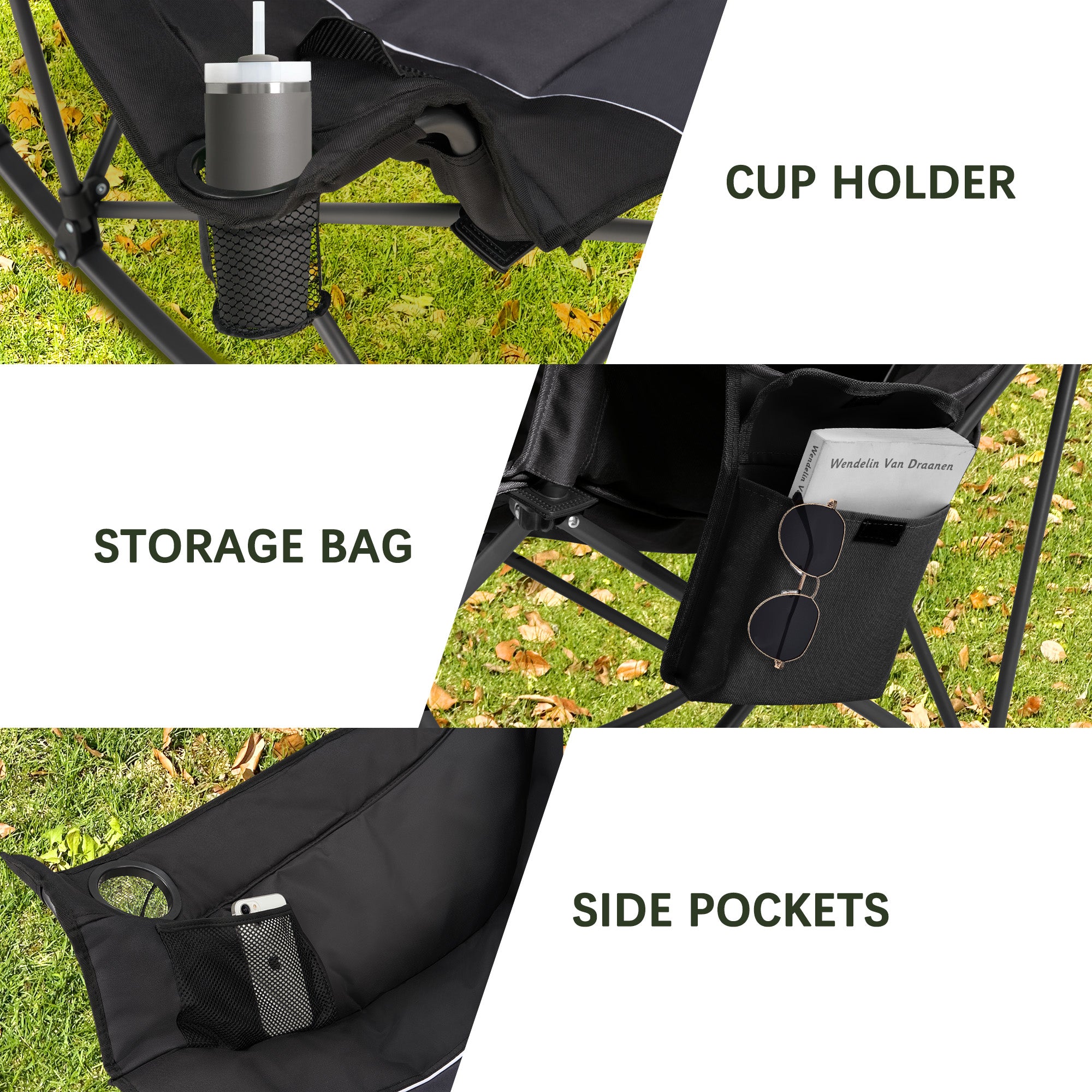Oversized Rocking Camping Chair with Headrest & Cup Holder - 400lbs Capacity, 600D Oxford Fabric
