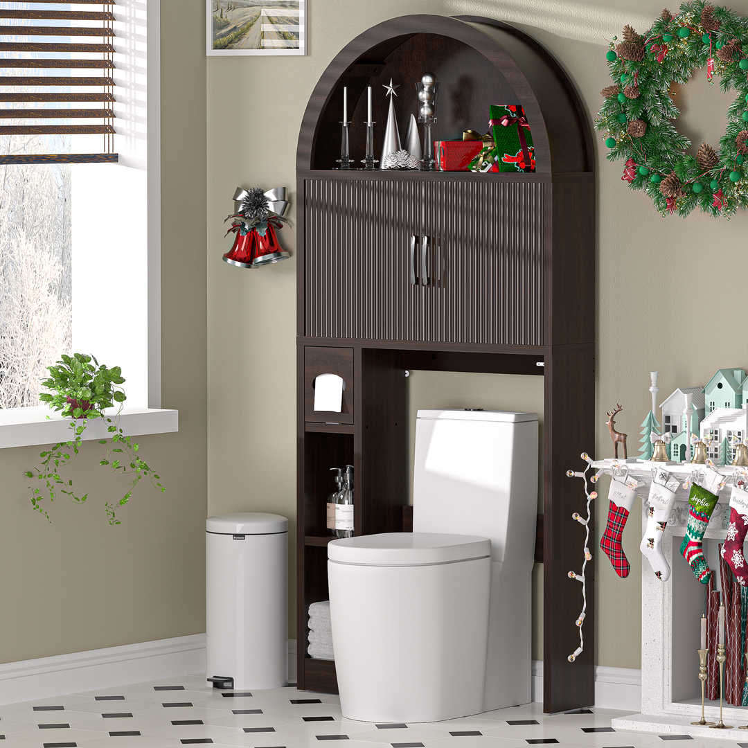 Over The Toilet Storage Cabinet with Wood Grain Doors and Arc Design