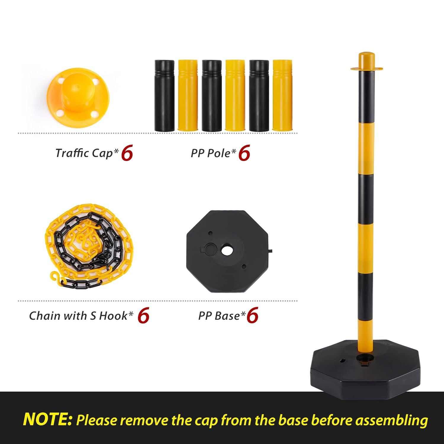 6 Pack Traffic Barricade Delineator Post with Fillable Base, Crowd Control Barriers, Cones for Parking Lot, Adjustable Stanchions with 5.4FT Plastic Chain Outdoor and Indoor