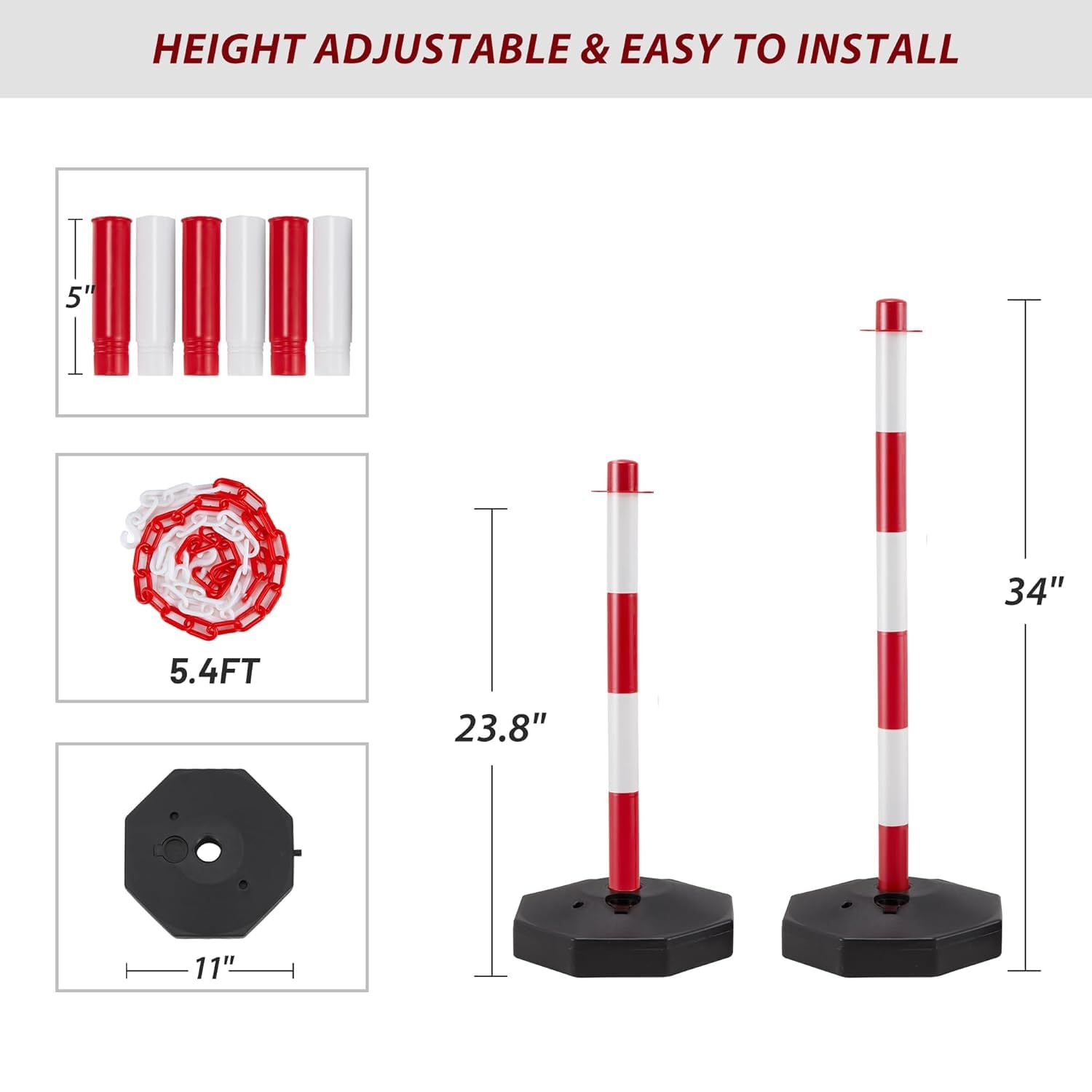 6 Pack Traffic Barricade Delineator Post with Fillable Base, Crowd Control Barriers, Cones for Parking Lot, Adjustable Stanchions with 5.4FT Plastic Chain Outdoor and Indoor