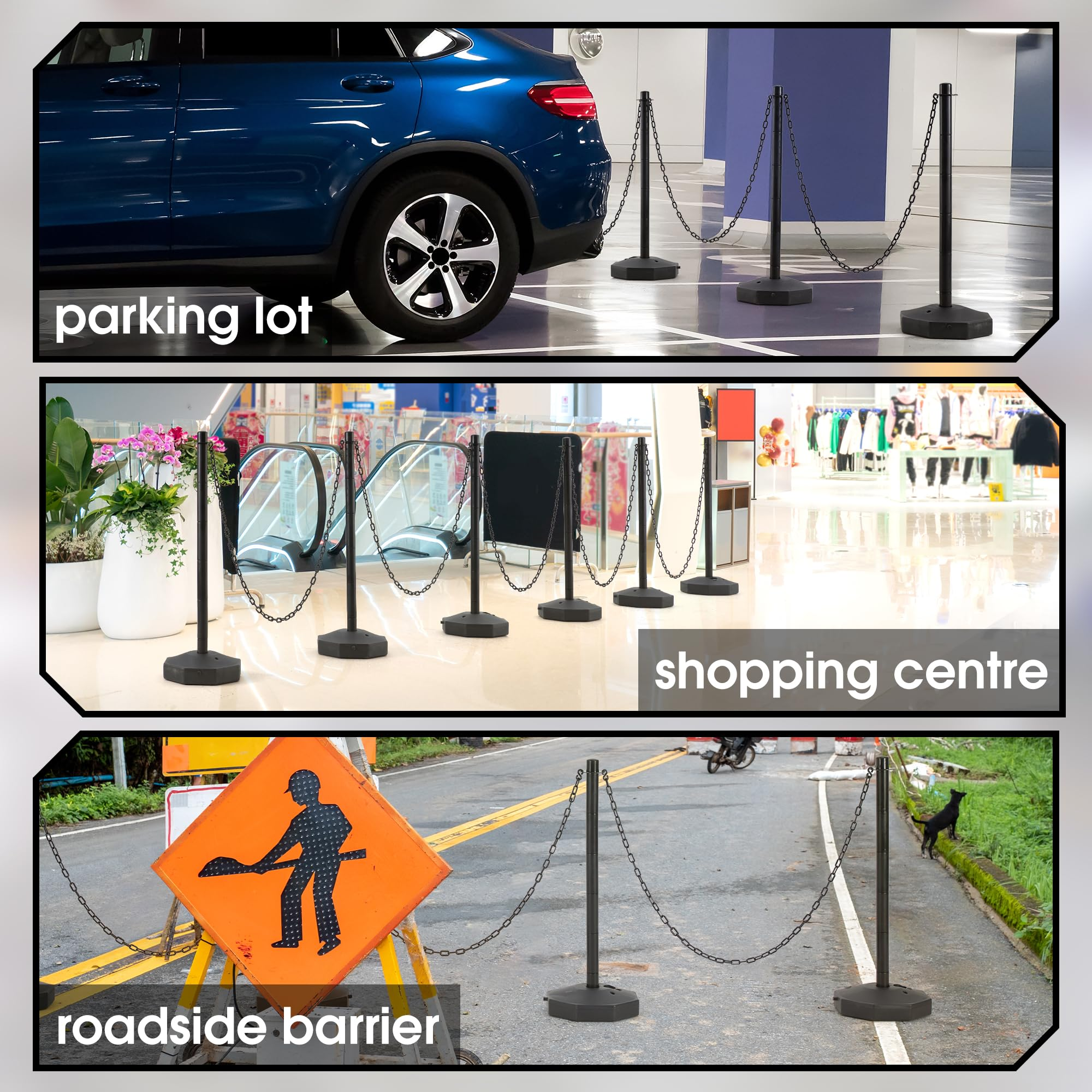 6 Pack Traffic Barricade Delineator Post with Fillable Base, Crowd Control Barriers, Cones for Parking Lot, Adjustable Stanchions with 5.4FT Plastic Chain Outdoor and Indoor