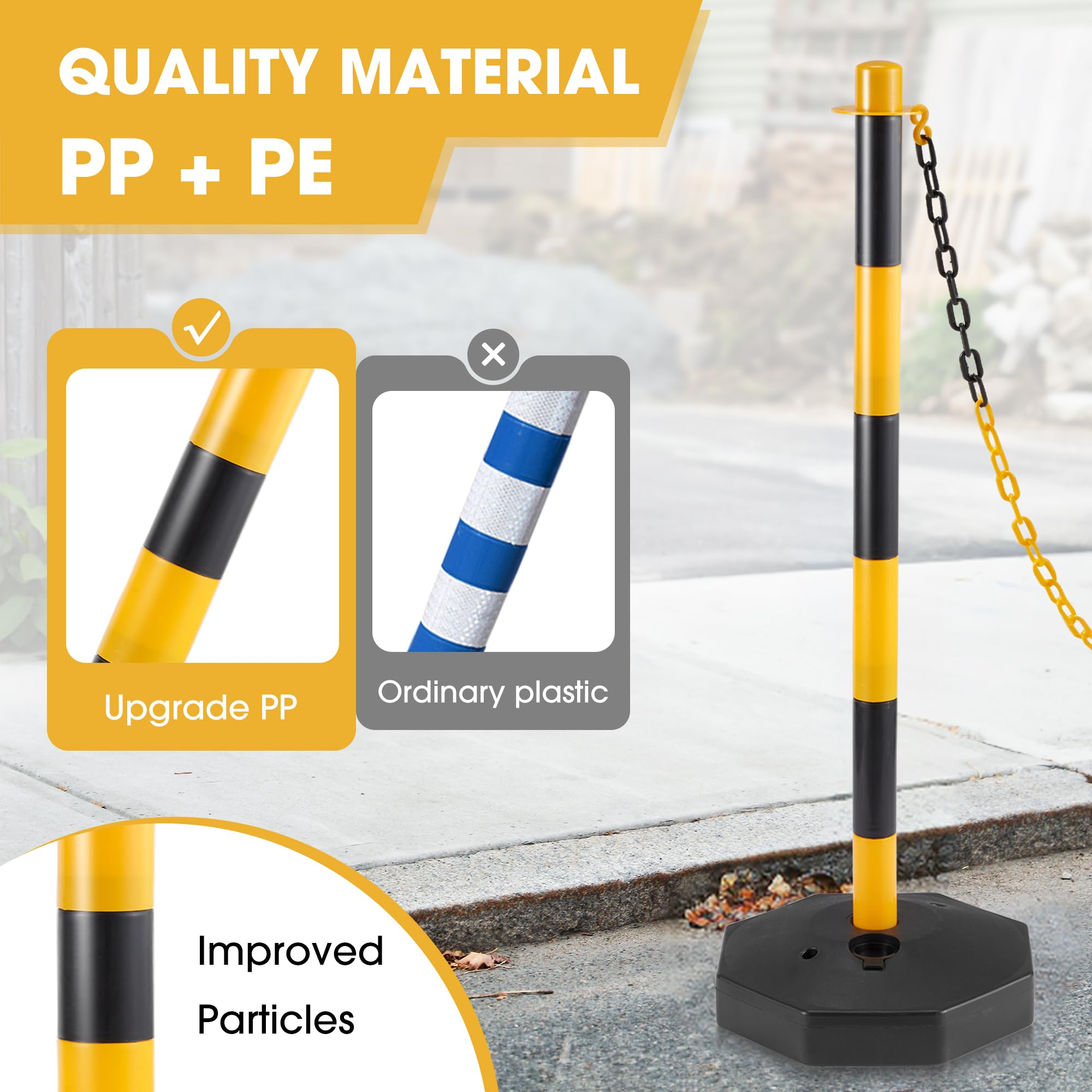 6 Pack Traffic Barricade Delineator Post with Fillable Base, Crowd Control Barriers, Cones for Parking Lot, Adjustable Stanchions with 5.4FT Plastic Chain Outdoor and Indoor