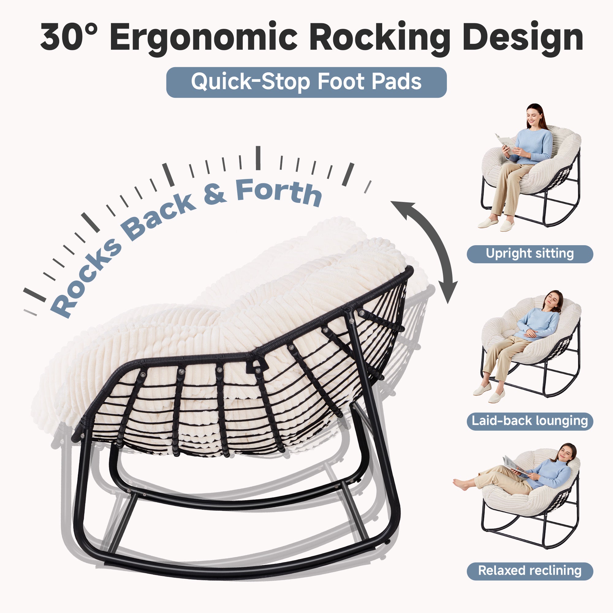 Oversized Indoor/Outdoor Egg Rocking Chair with Thick Corduroy Cushion, Straps & Modern Wicker Design