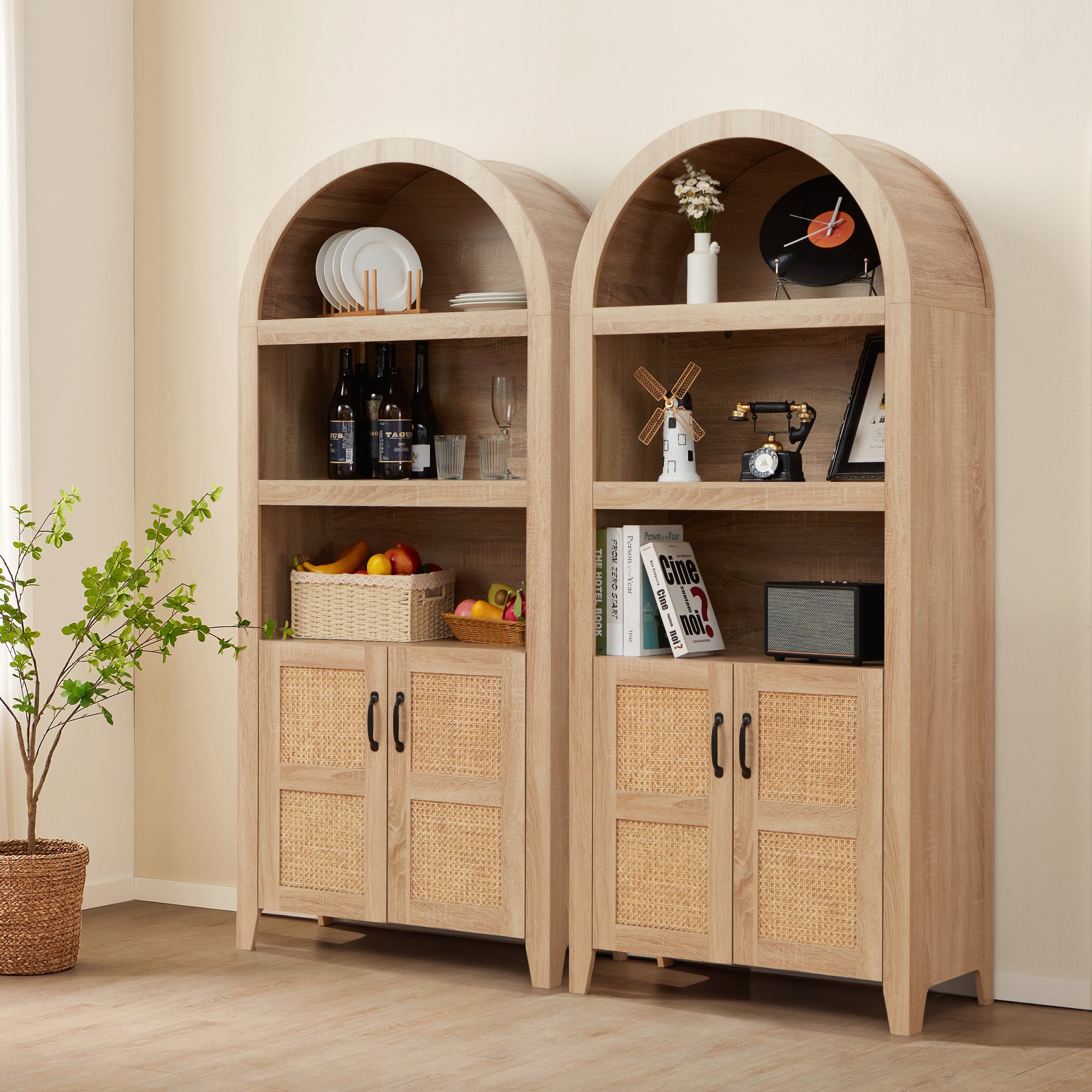 72" Arched Cabinet with Woven Rattan Door and Adjustable Shelves. A Versatile Storage Piece for Kitchen or Living Room
