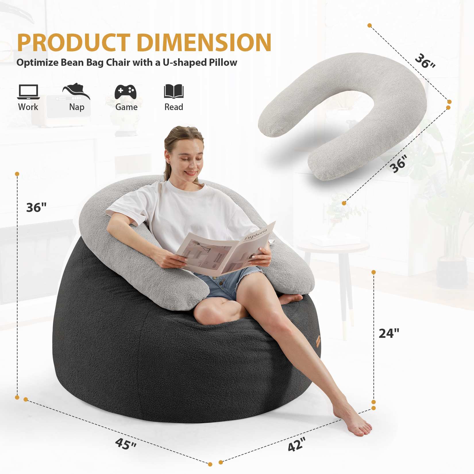 Bean Bag Chair with U-Shaped Pillow