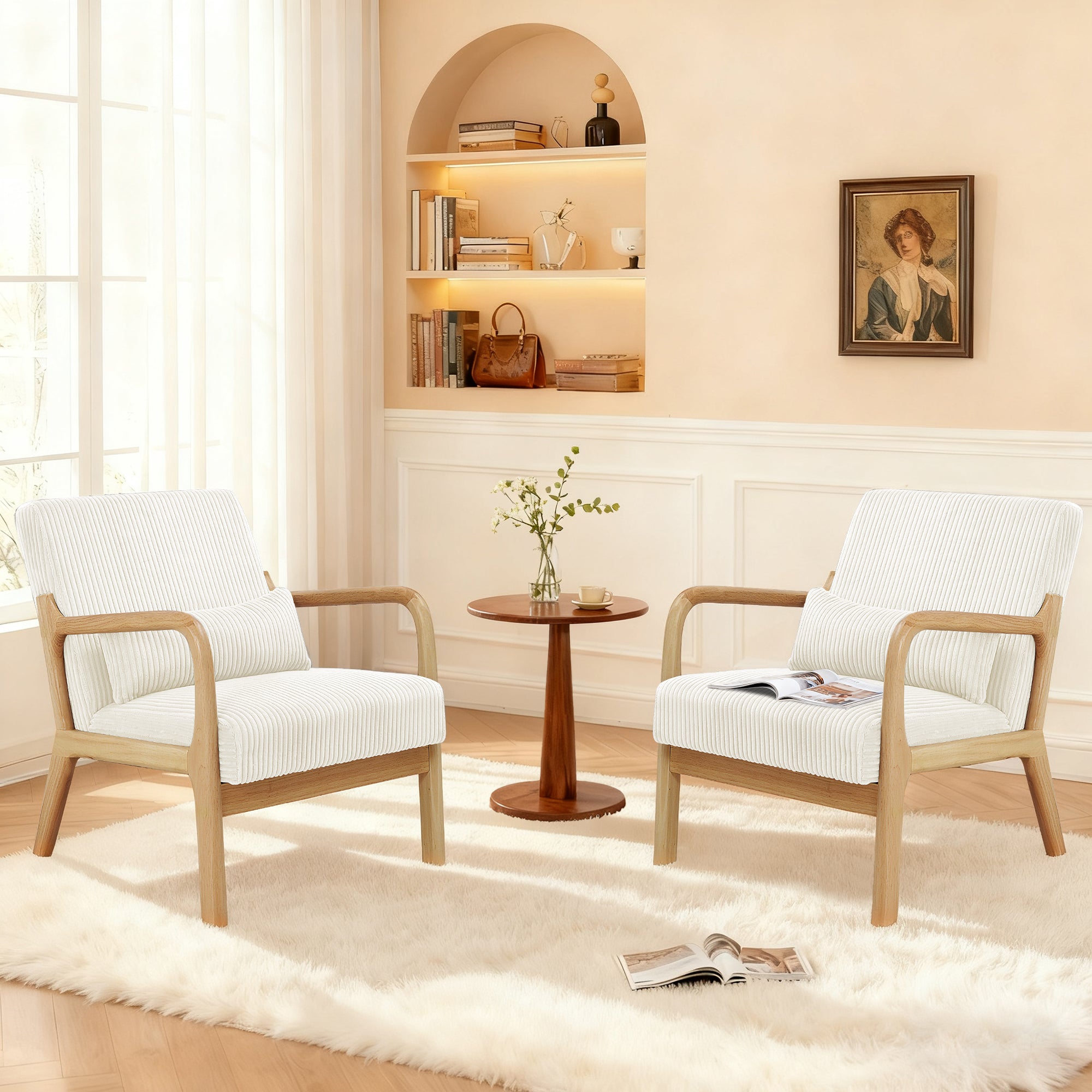 Mid-Century Accent Chair， Modern Armchair with Waist Cushion, Comfy Single Sitting Seat up to 450lbs