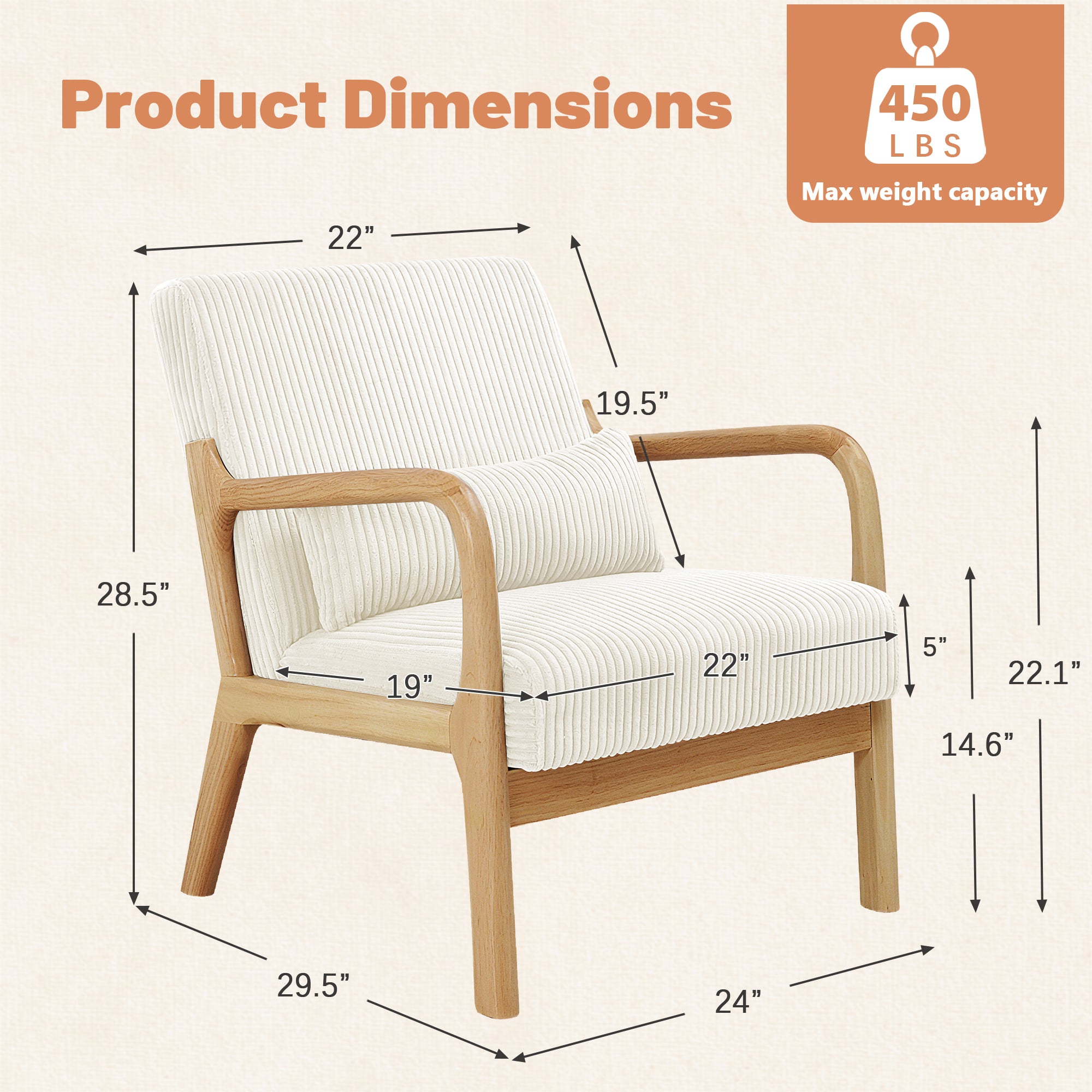 Mid-Century Accent Chair， Modern Armchair with Waist Cushion, Comfy Single Sitting Seat up to 450lbs