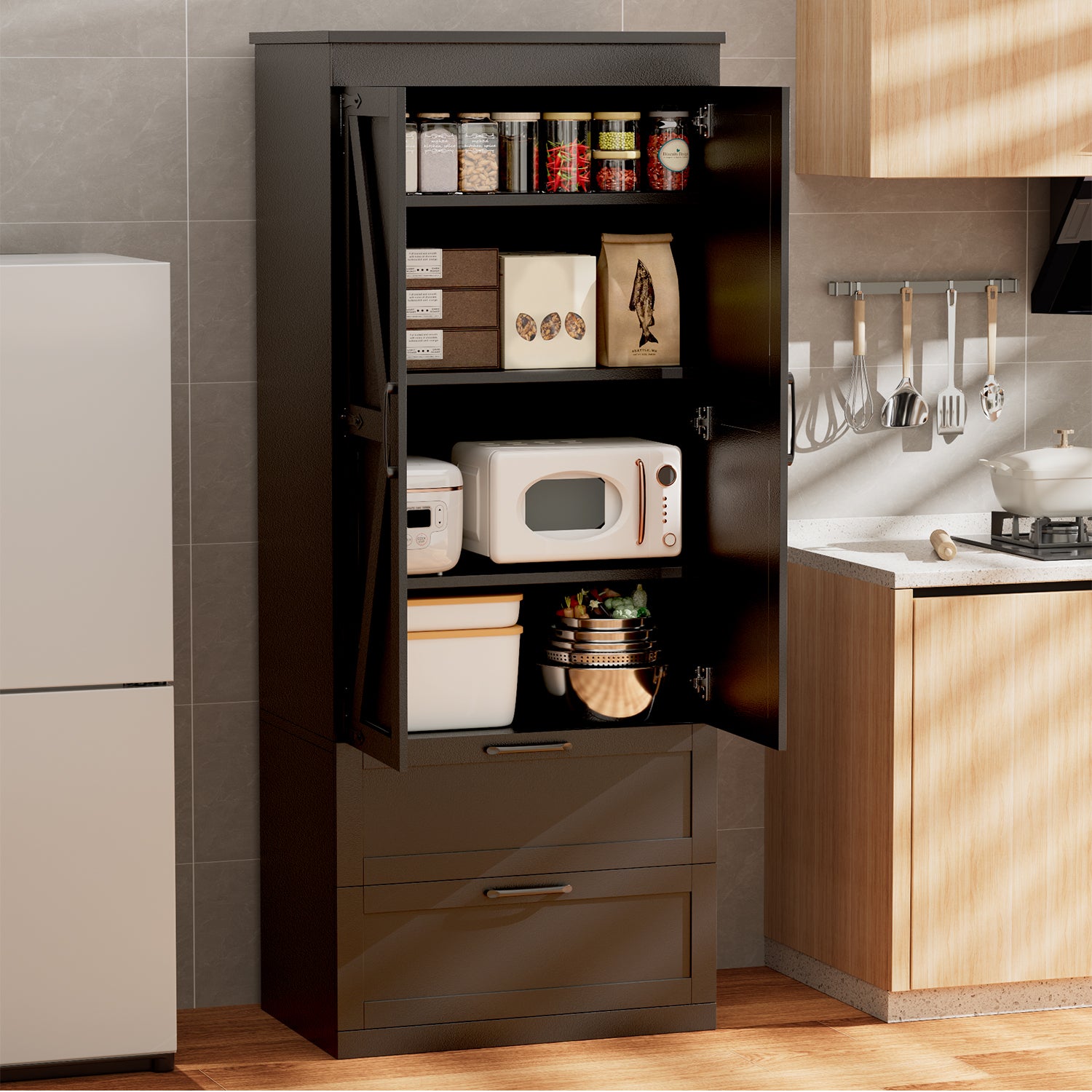 71" H Kitchen Pantry Cabinet, 4-Tier Farmhouse Storage Cabinet with Barn Doors, 2 Drawers, Adjustable Shelf, Cupboard for Kitchen, Living Room