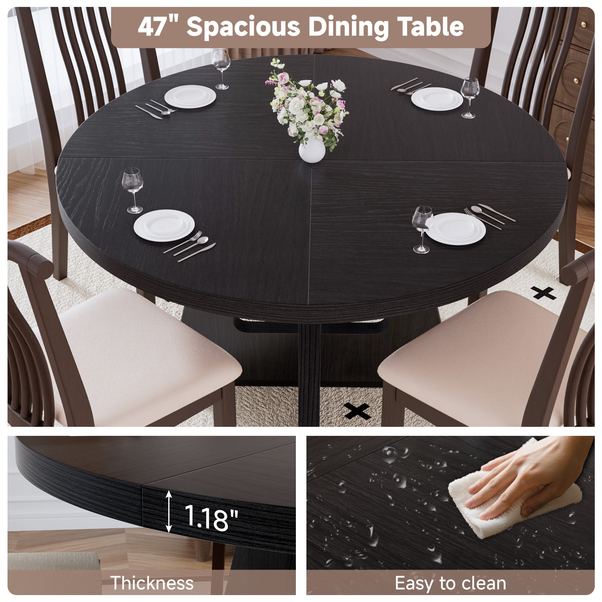 Round Dining Table for 4-6 People, 47" Dining Room Table with Wooden Pedestal Base for Kitchen, Dining Room, Table Only