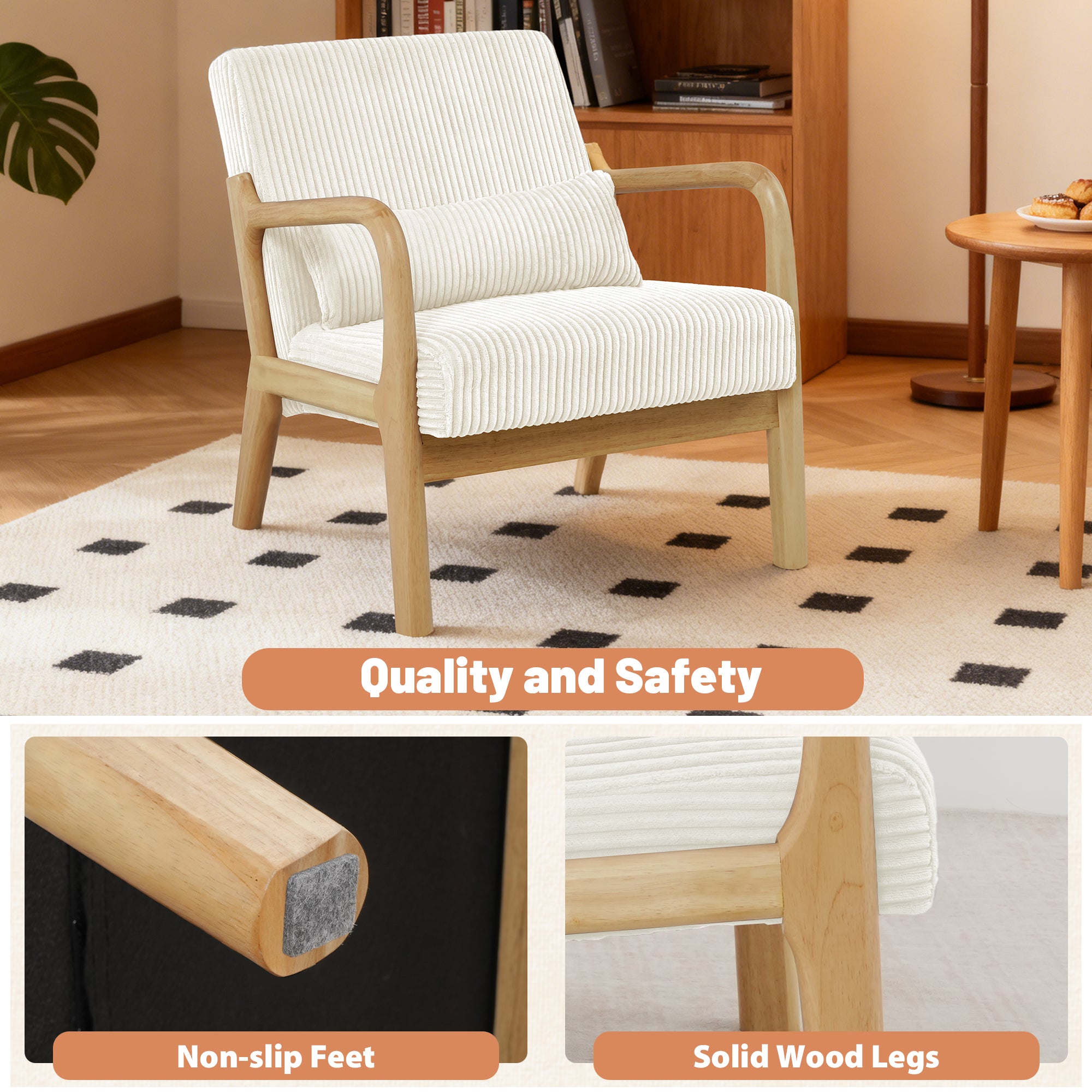 Mid-Century Accent Chair， Modern Armchair with Waist Cushion, Comfy Single Sitting Seat up to 450lbs