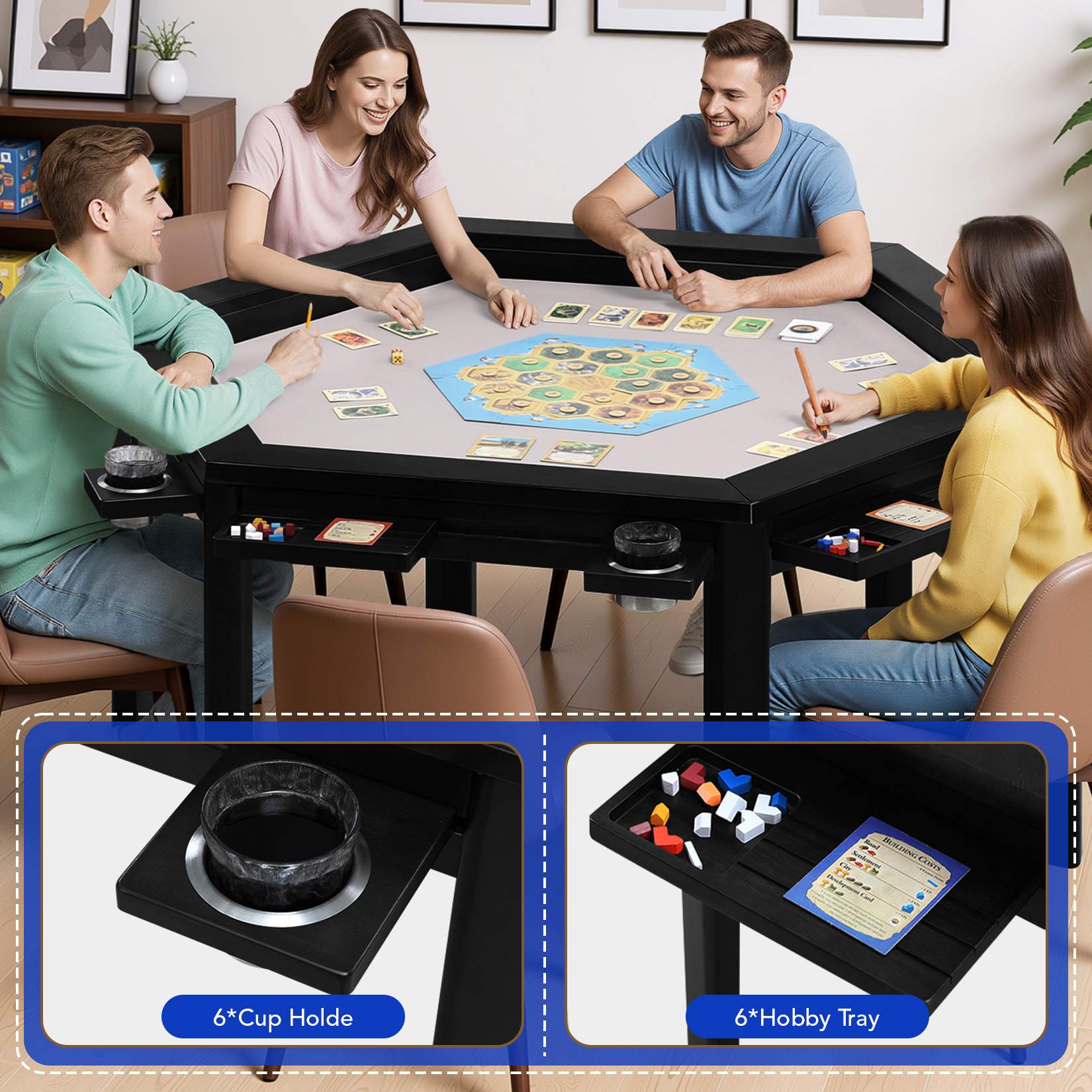 Avocahom Hexagonal Board Game Table for 4-6 with Removable Table Top