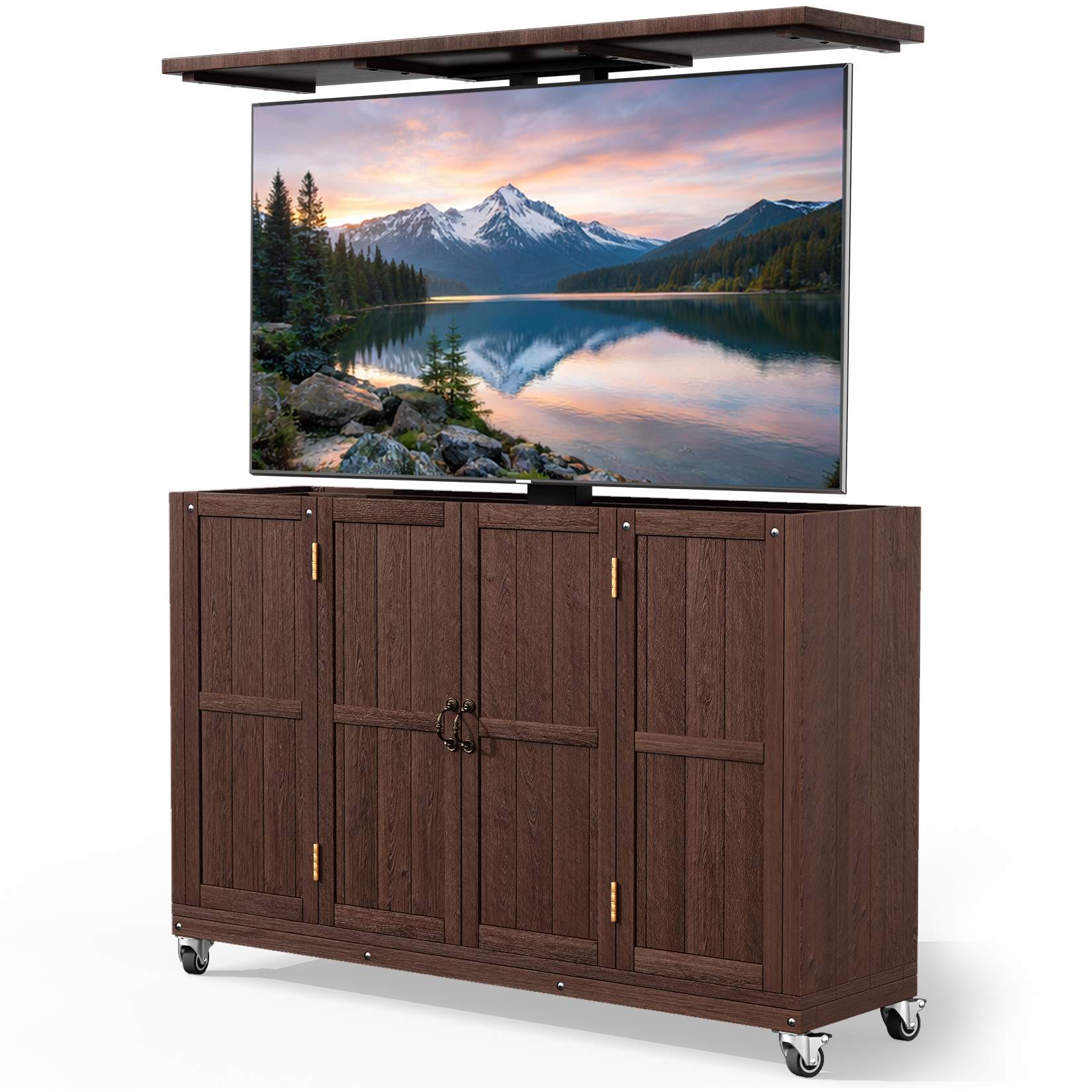 Solid Wood Outdoor Motorized TV Lift Cabinet with Lockable Wheels For 32-65" TVs