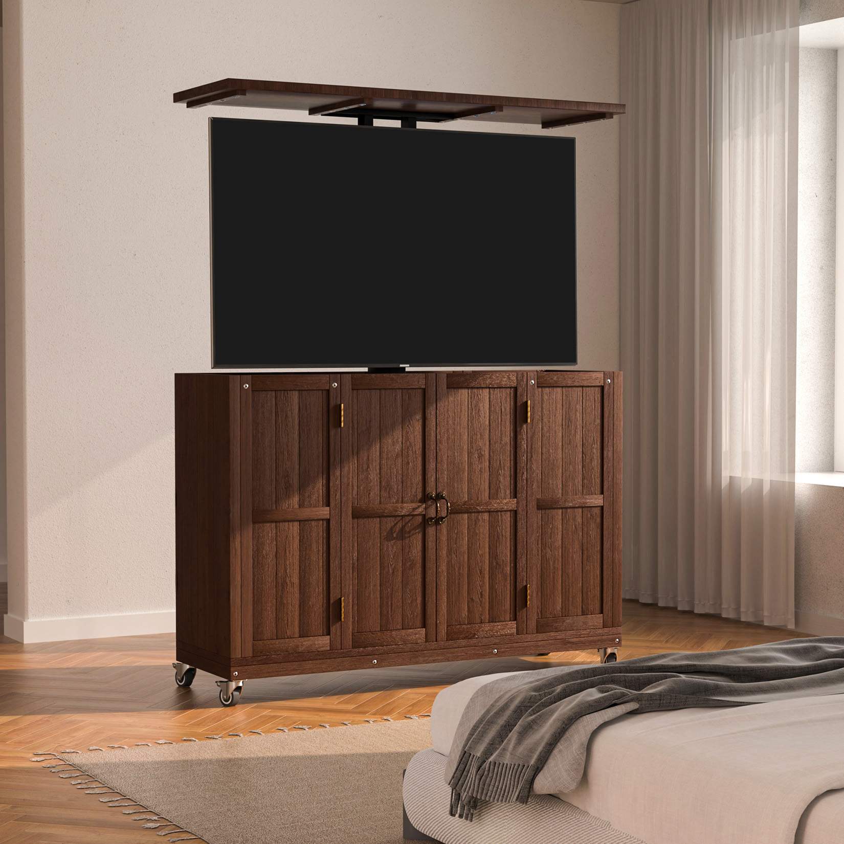 Solid Wood Outdoor Motorized TV Lift Cabinet with Lockable Wheels For 32-65" TVs