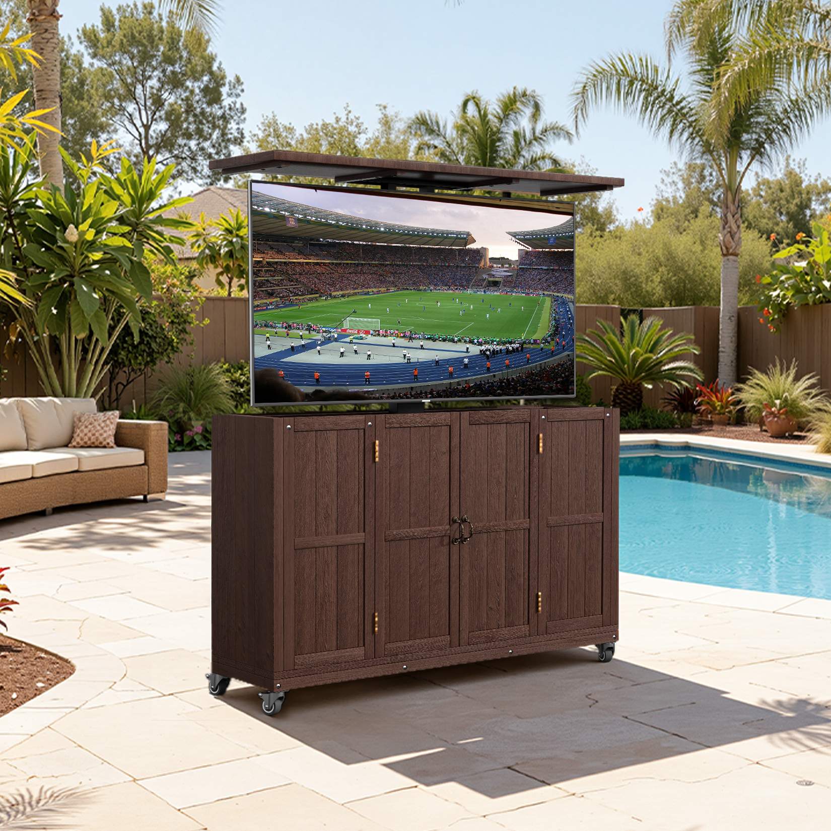Solid Wood Outdoor Motorized TV Lift Cabinet with Lockable Wheels For 32-65" TVs