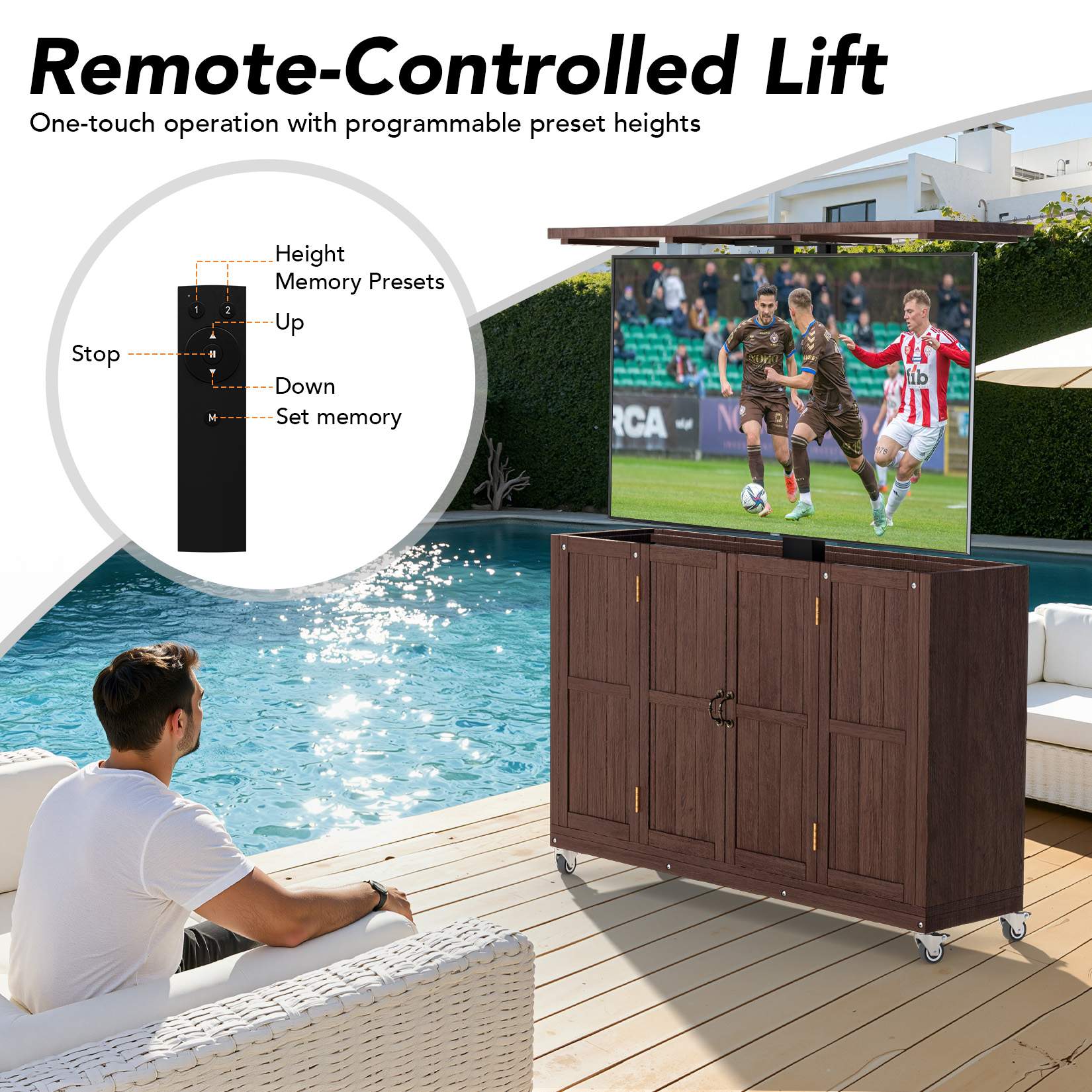 Solid Wood Outdoor Motorized TV Lift Cabinet with Lockable Wheels For 32-65" TVs