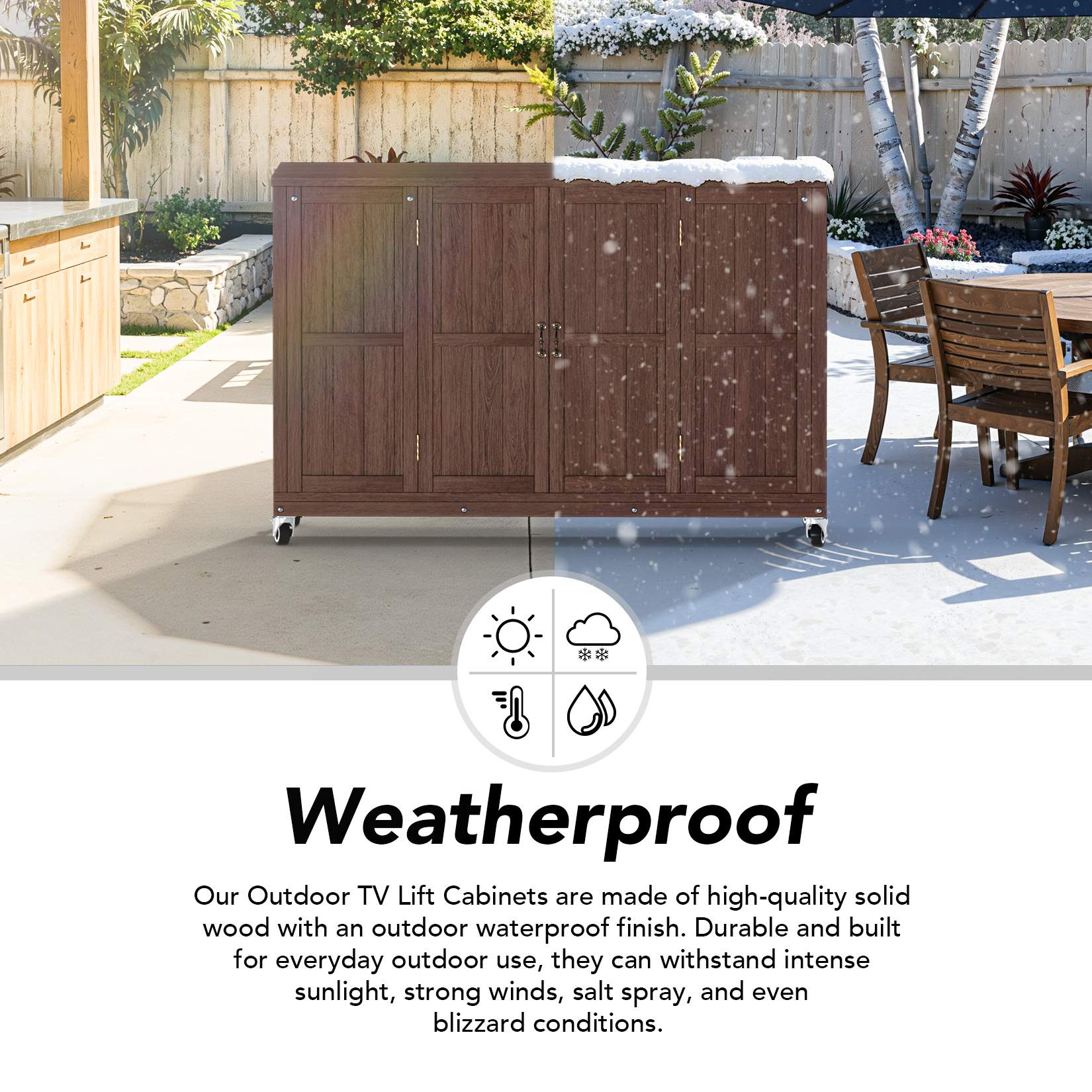 Solid Wood Outdoor Motorized TV Lift Cabinet with Lockable Wheels For 32-65" TVs