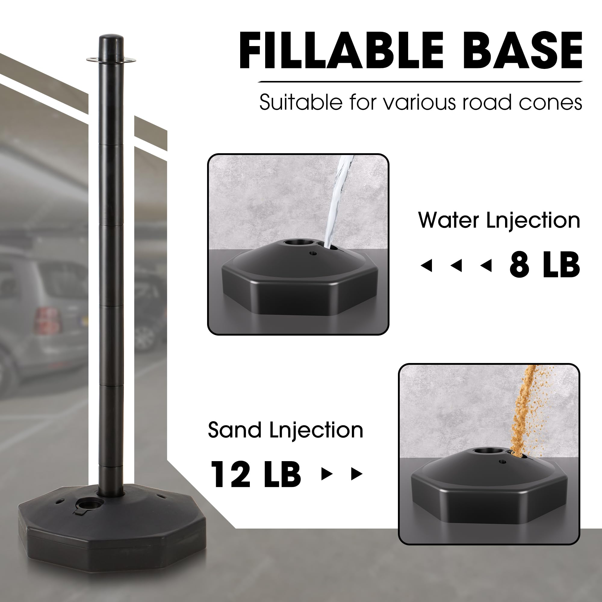 6 Pack Traffic Barricade Delineator Post with Fillable Base, Crowd Control Barriers, Cones for Parking Lot, Adjustable Stanchions with 5.4FT Plastic Chain Outdoor and Indoor