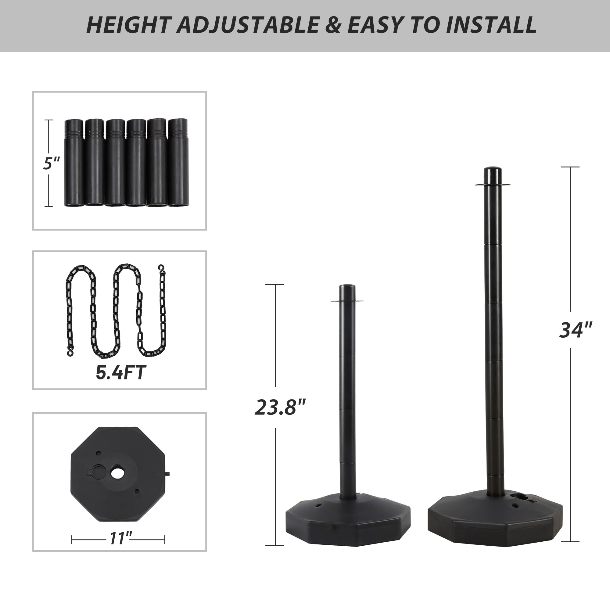 6 Pack Traffic Barricade Delineator Post with Fillable Base, Crowd Control Barriers, Cones for Parking Lot, Adjustable Stanchions with 5.4FT Plastic Chain Outdoor and Indoor