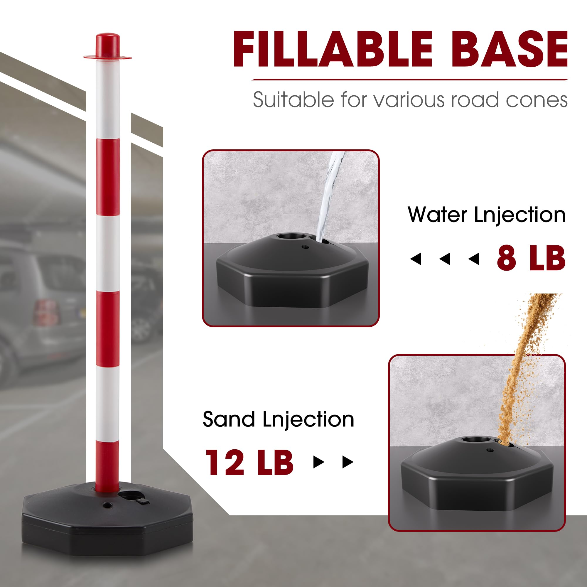 6 Pack Traffic Barricade Delineator Post with Fillable Base, Crowd Control Barriers, Cones for Parking Lot, Adjustable Stanchions with 5.4FT Plastic Chain Outdoor and Indoor