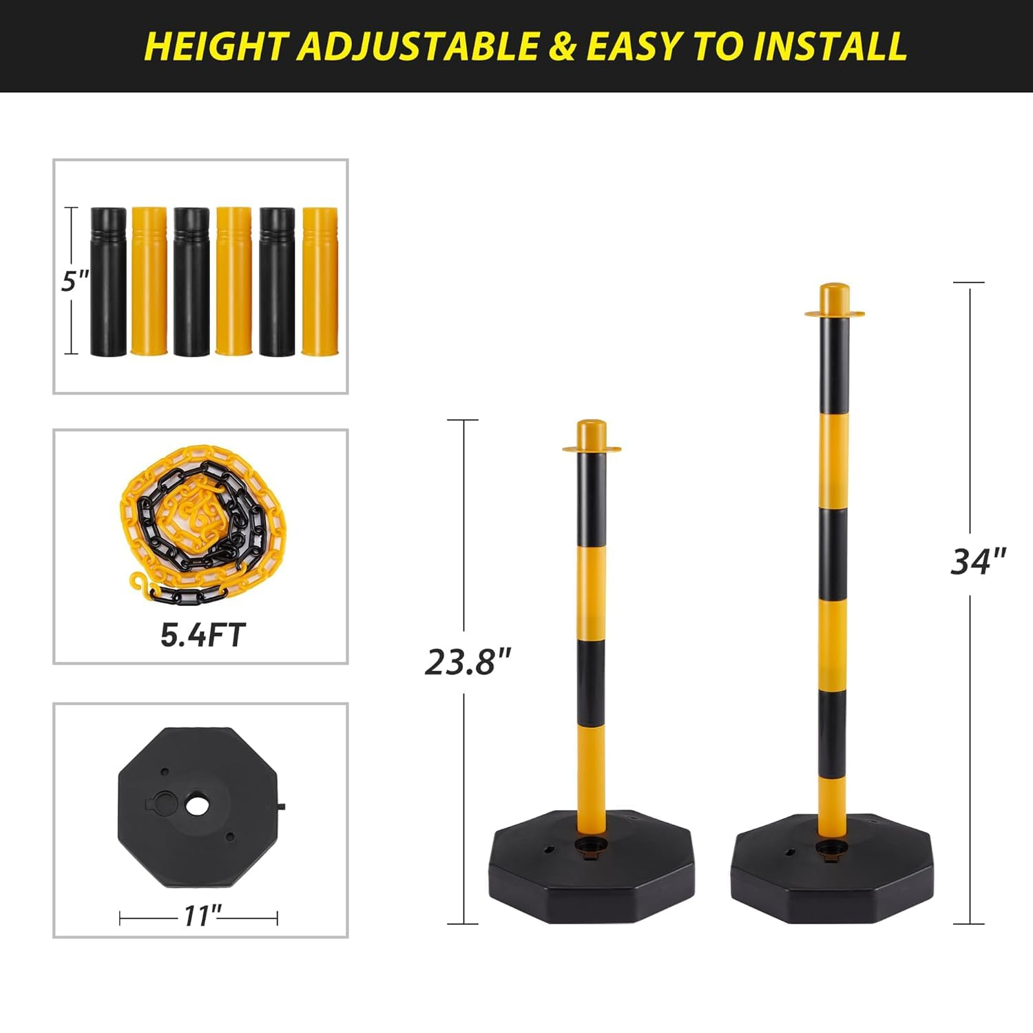 6 Pack Traffic Barricade Delineator Post with Fillable Base, Crowd Control Barriers, Cones for Parking Lot, Adjustable Stanchions with 5.4FT Plastic Chain Outdoor and Indoor