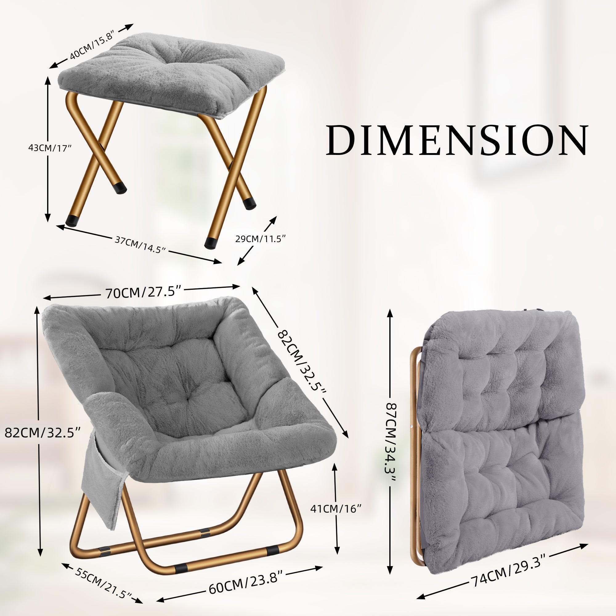 Comfy Saucer Chair, Foldable Living Room Chairs, Soft Faux Fur Lounge Chair for Bedroom, Reading Chairs for Adults,Teens, X-Large